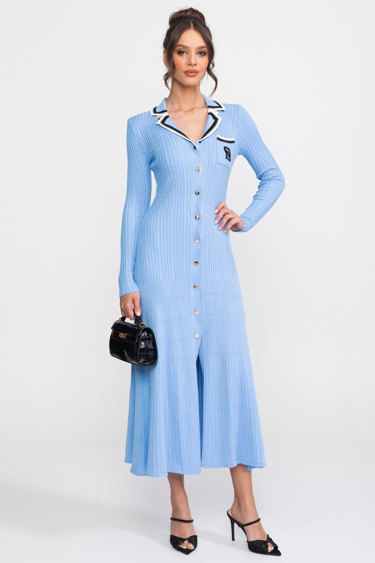 Georgiana Blue Long Sleeve Knit Midi Dress With Polo Collar And Monogram Patch