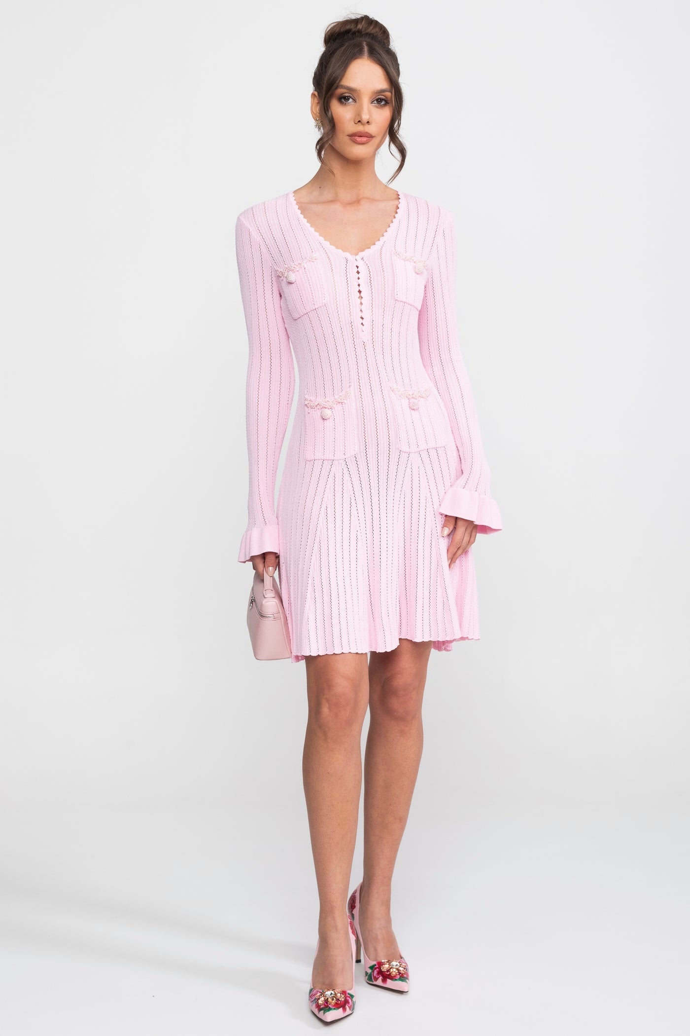 Open-Knit Mini Dress With Scallop Neck And Ruffle Cuffs - Pink