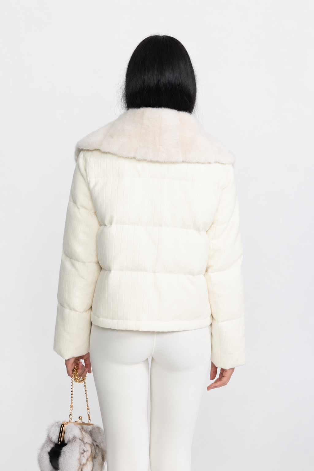 Corentine Ivoire Ribbed Cashmere Down Puffer Jacket with Mink Fur Collar