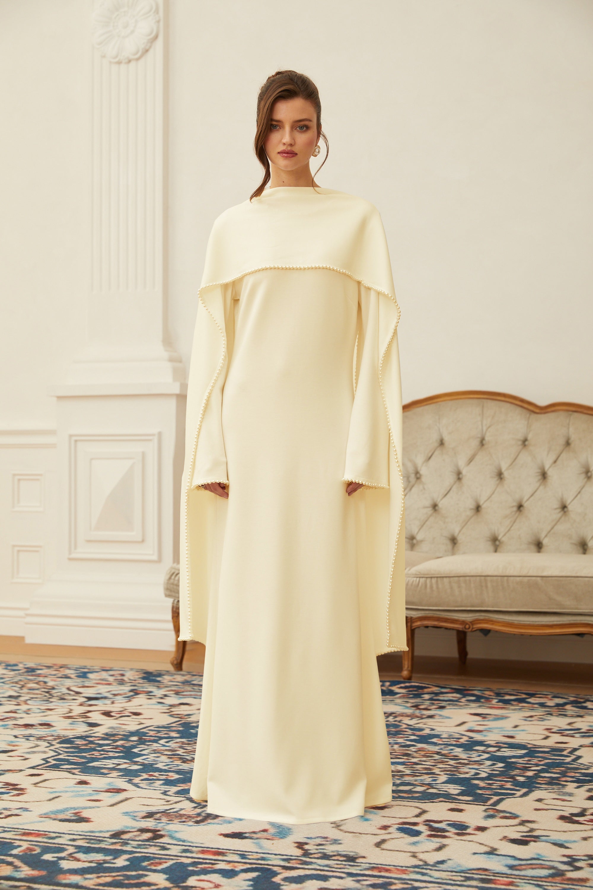 Piroska Yellow Pearl Trim Shawl Detail Maxi Dress