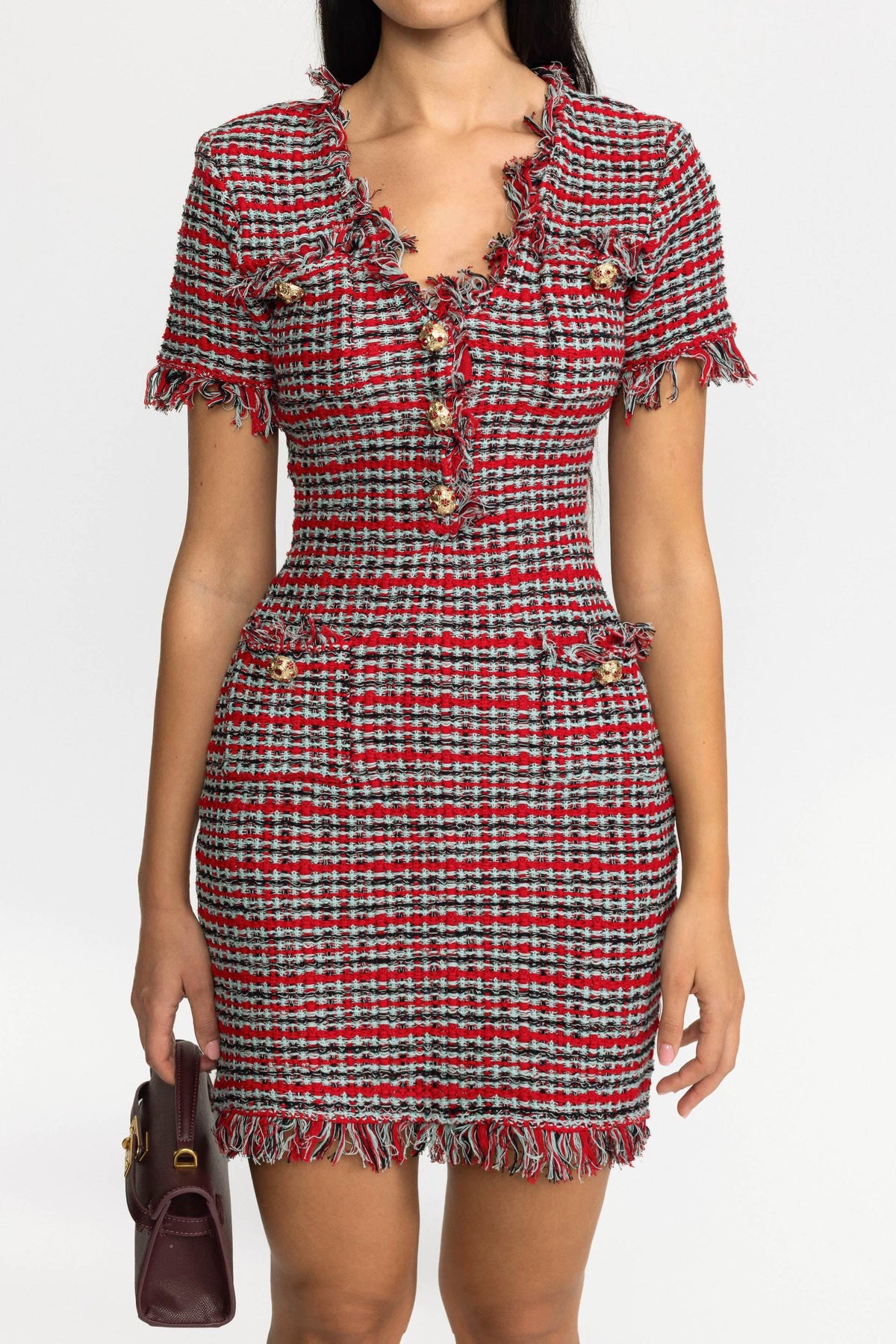 Fringed Tweed Knit Mini Dress - Red Multi