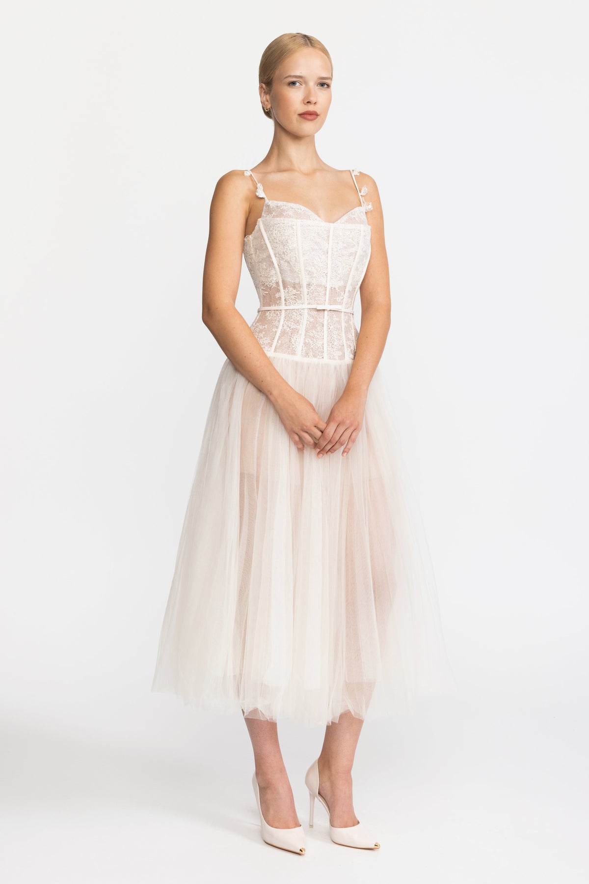 Lace Corset Tulle Midi Dress - Beige