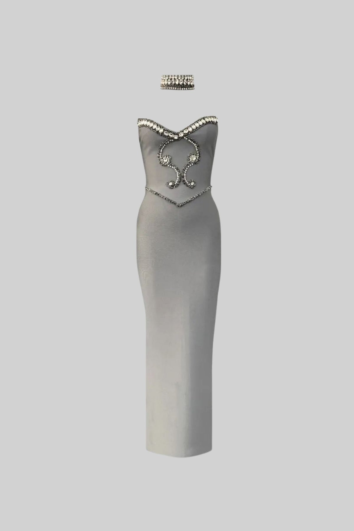 Crystal-Embellished Strapless Gown with Choker – Gray