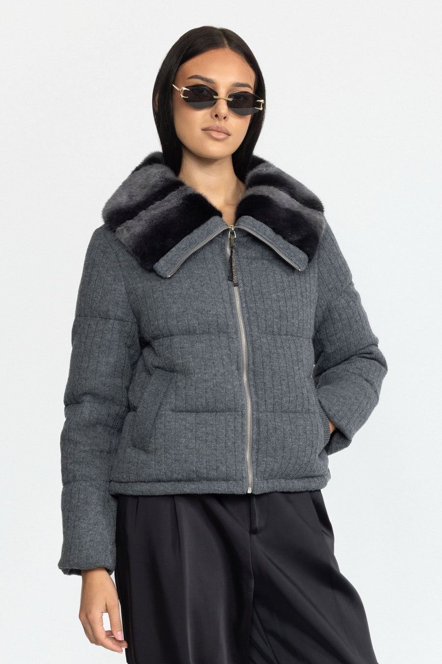 Valentine Mink Collar Knit Down Jacket - Grey