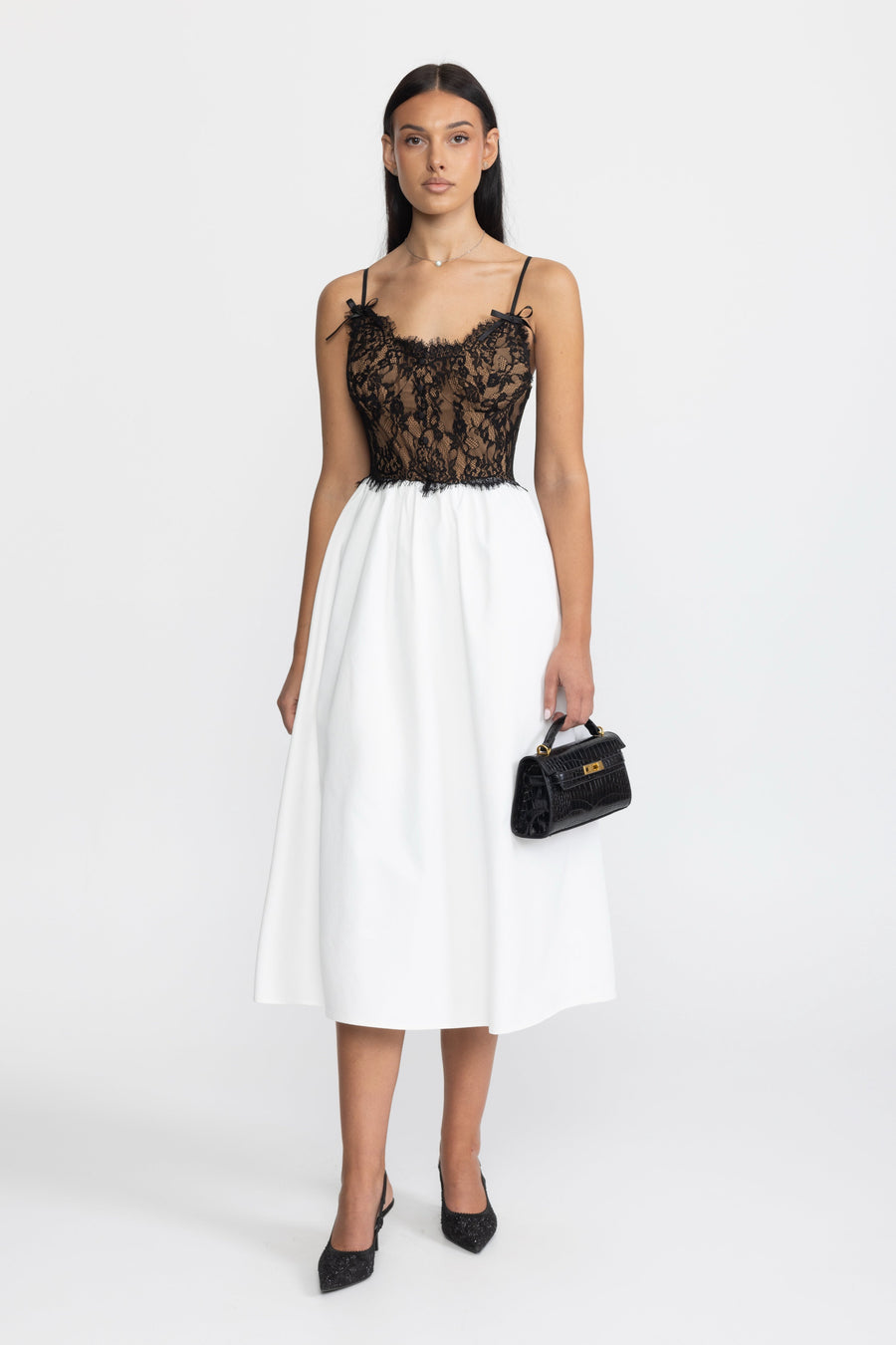Odalys Lace Bustier Poplin Midi Dress - Black & White