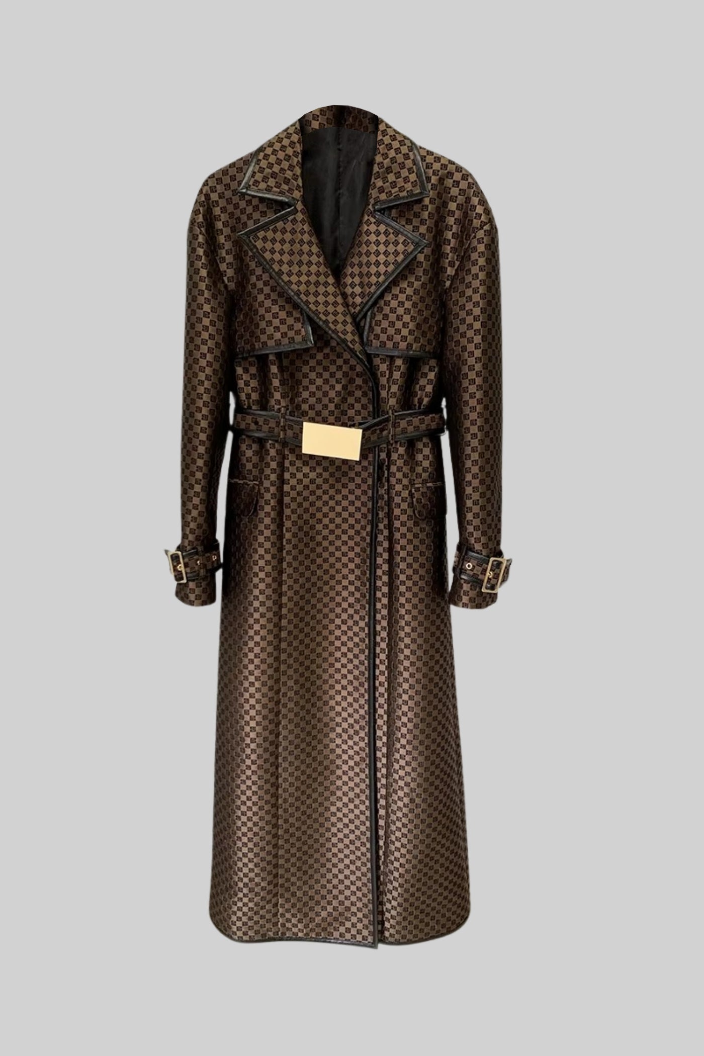 Wide Lapel Trench Coat With Gold Buckle Waist Belt - Brown