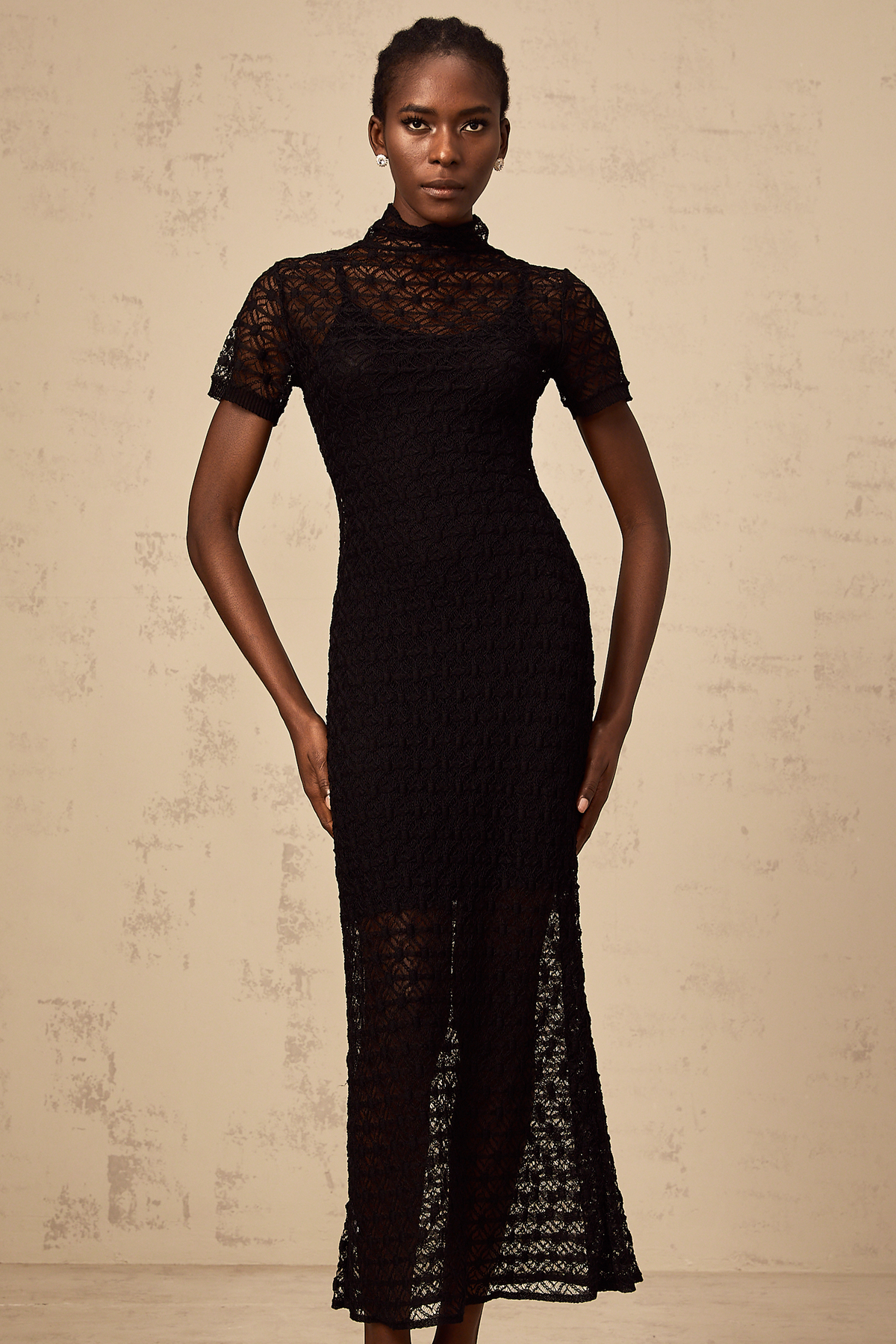 Vanessa black semi-sheer knit midi dress