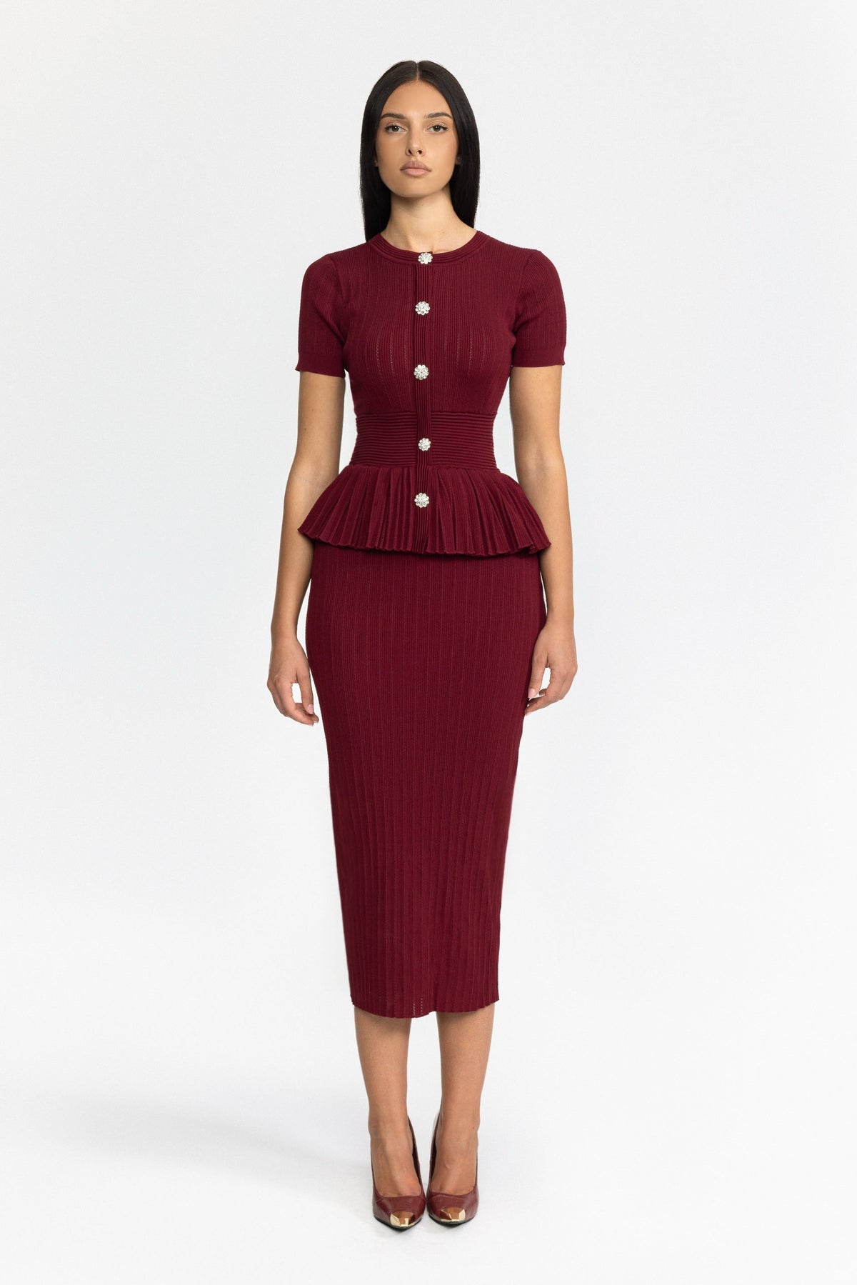 Pleated Peplum Knit Pencil Midi Dress - Wine