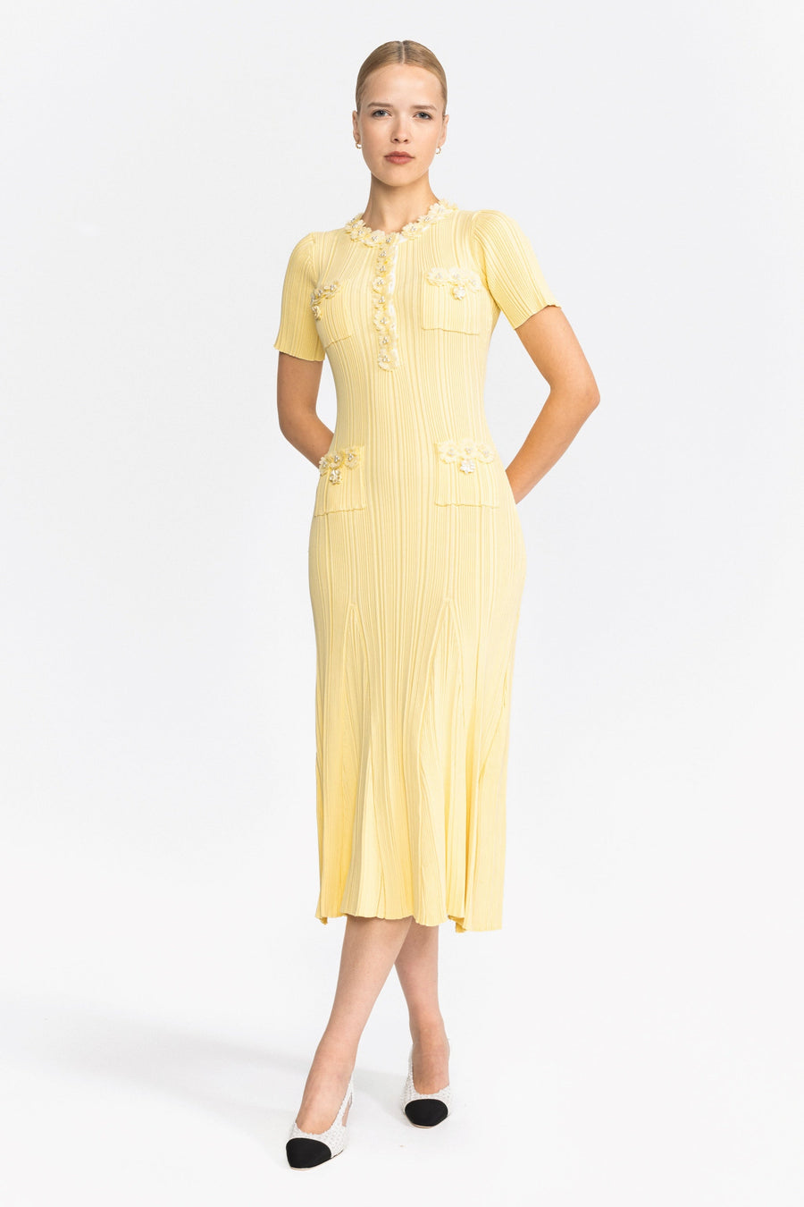 Florence Ribbed Knit Flower Appliqué Midi Dress - Yellow