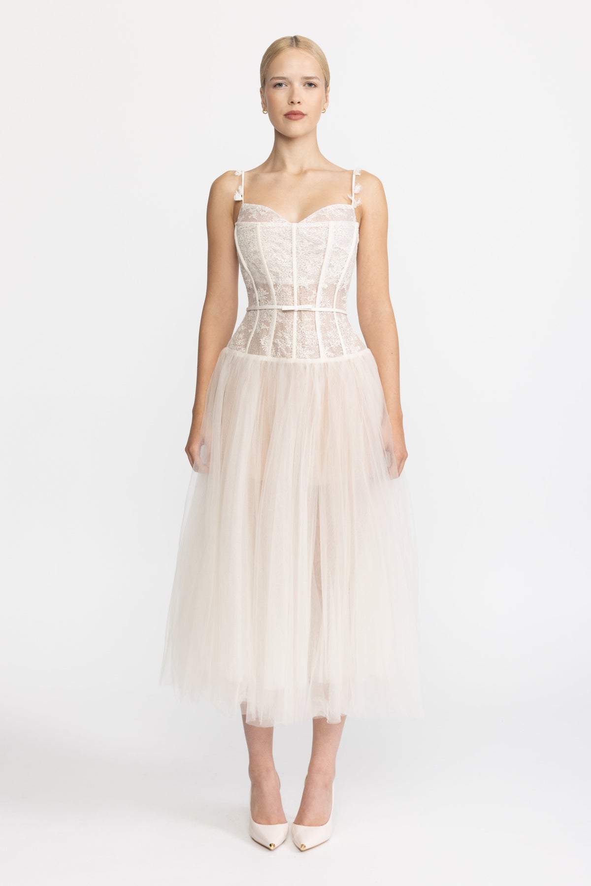Lace Corset Tulle Midi Dress - Beige