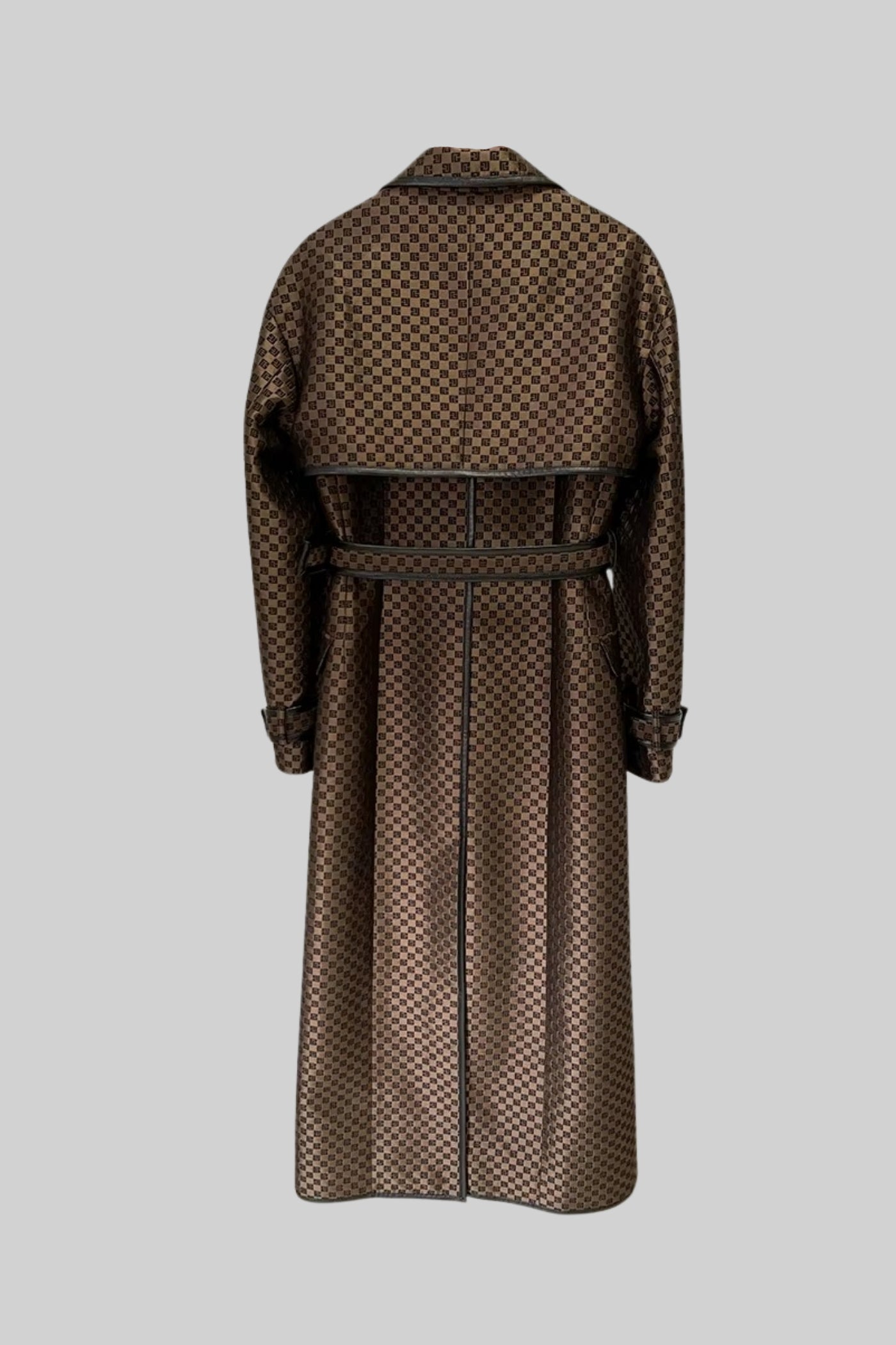 Wide Lapel Trench Coat With Gold Buckle Waist Belt - Brown