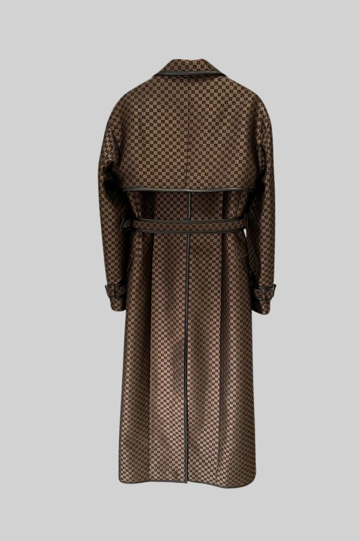 Wide Lapel Trench Coat With Gold Buckle Waist Belt - Brown