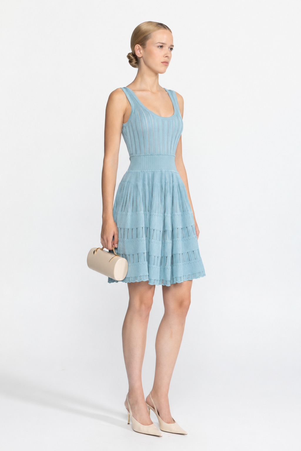 Jacinthe Light Blue Rib Pointelle Knit Cropped Cardigan and Skater Dress Set