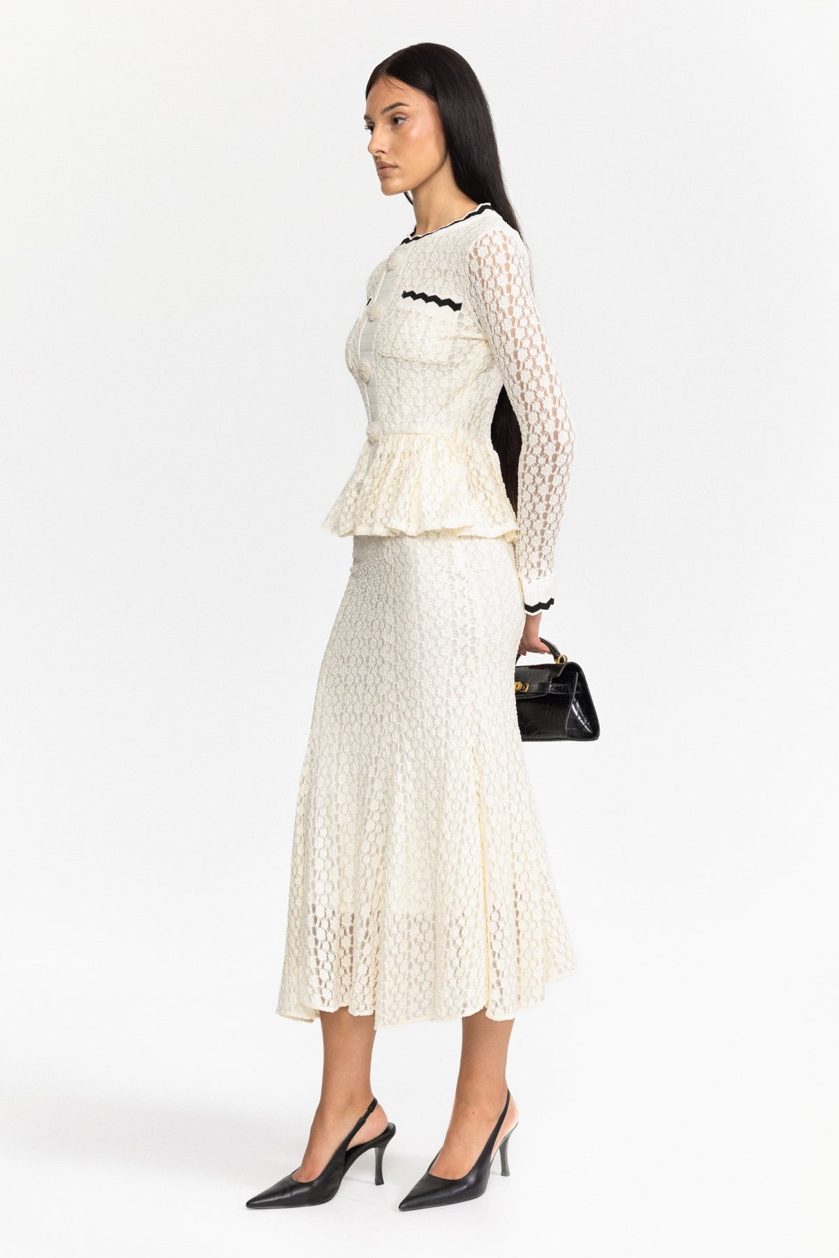 Crochet Knit Peplum Midi Dress with Ric-Rac Trim - Off-White