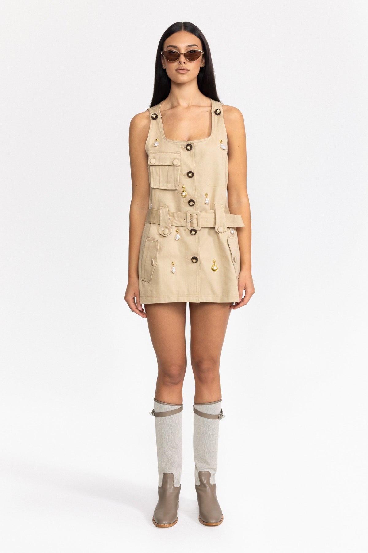 Pearl Charm Cotton Utility Mini Dress - Khaki