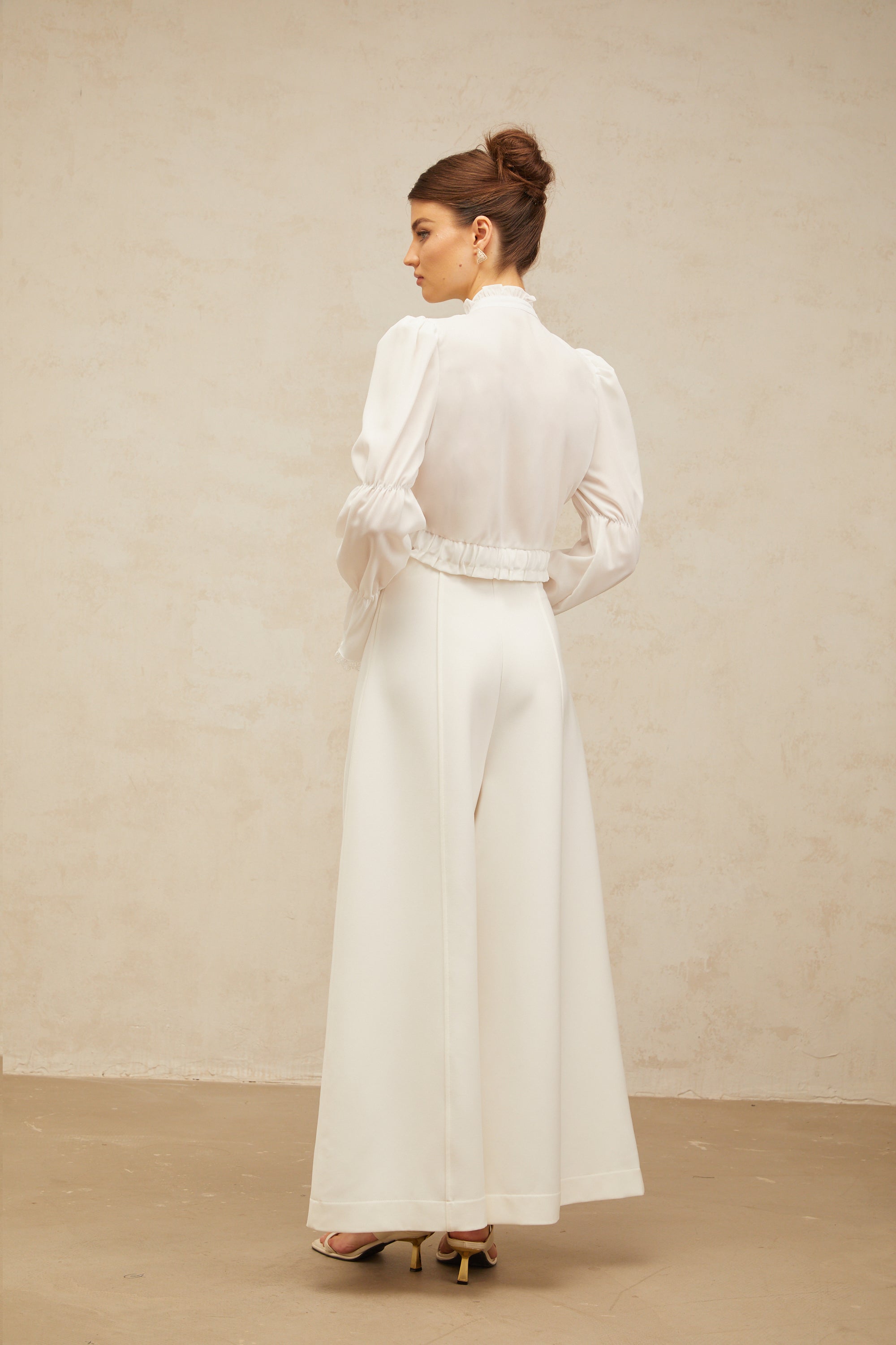 Paulette white bowknot shirred-panel ruffled shirt