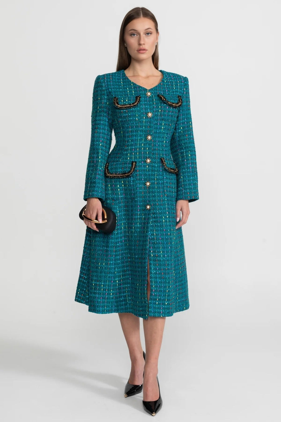 Clarisse Teal Embellished Tweed Midi Dress With Structured Shoulders