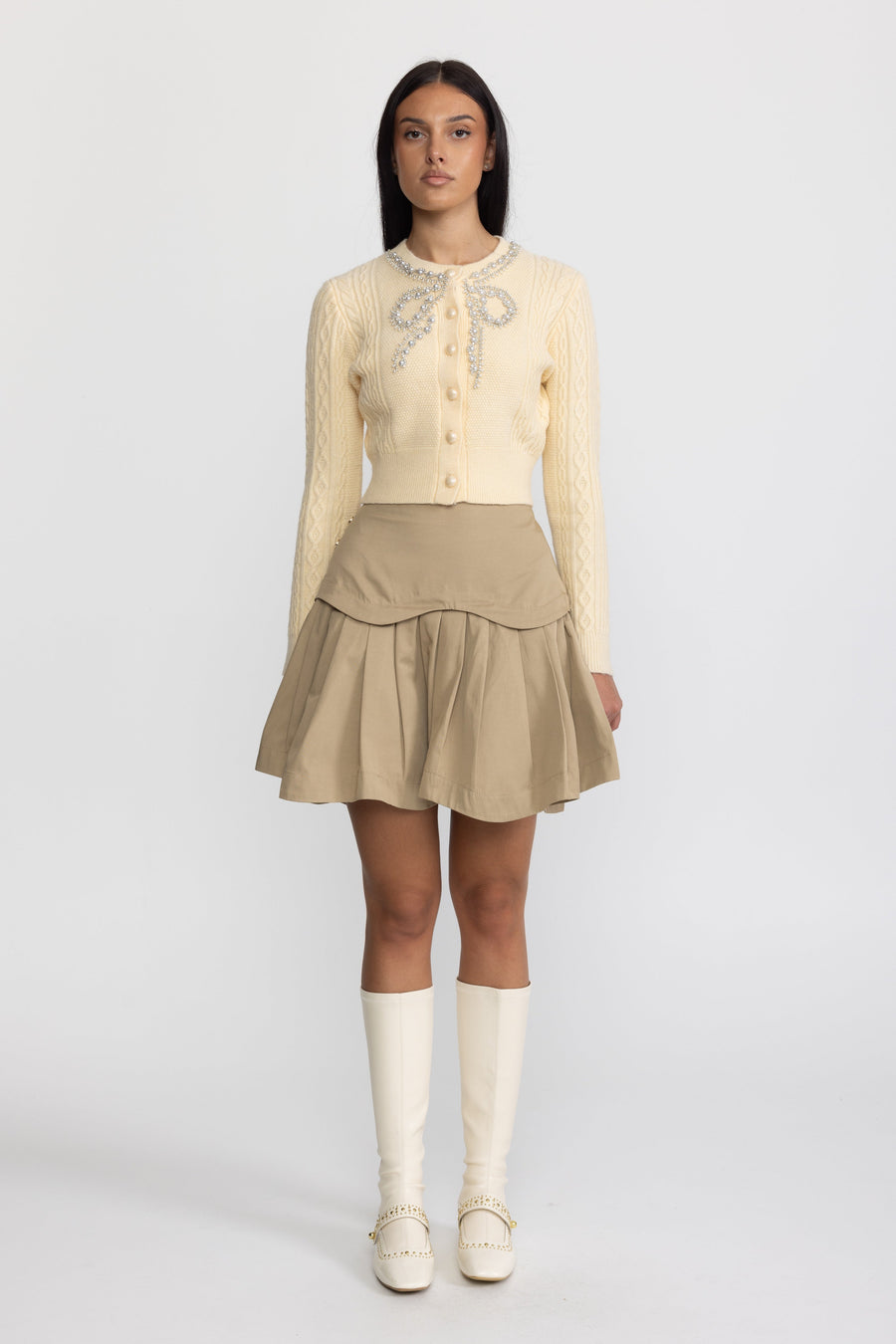 Agnès Scalloped Yoke Pleated Mini Skirt - Khaki