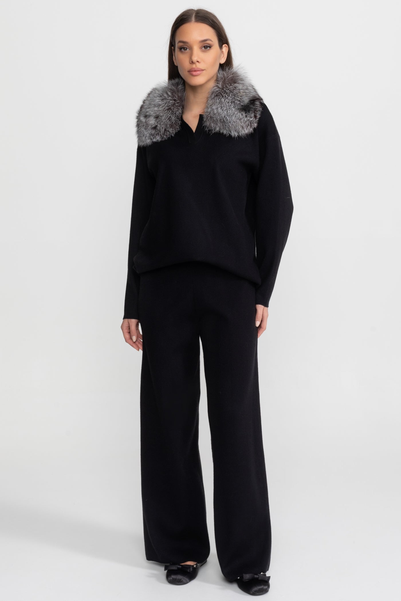 Elodie Black/Grey Knit Lounge Co-Ord Set with Fox Fur Collar