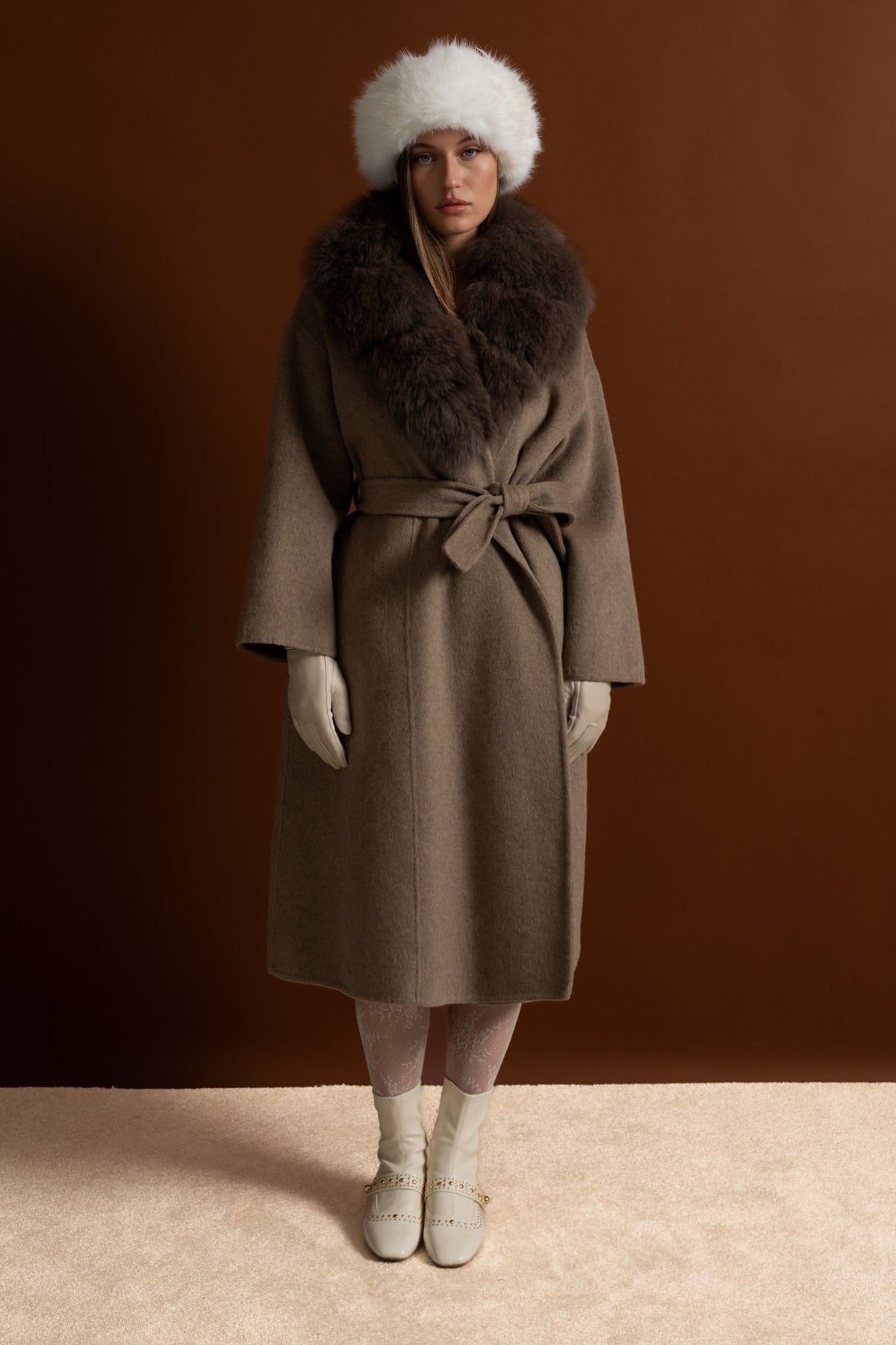 Wool Wrap Coat with Fox Fur Collar And Tie Belt – Khaki
