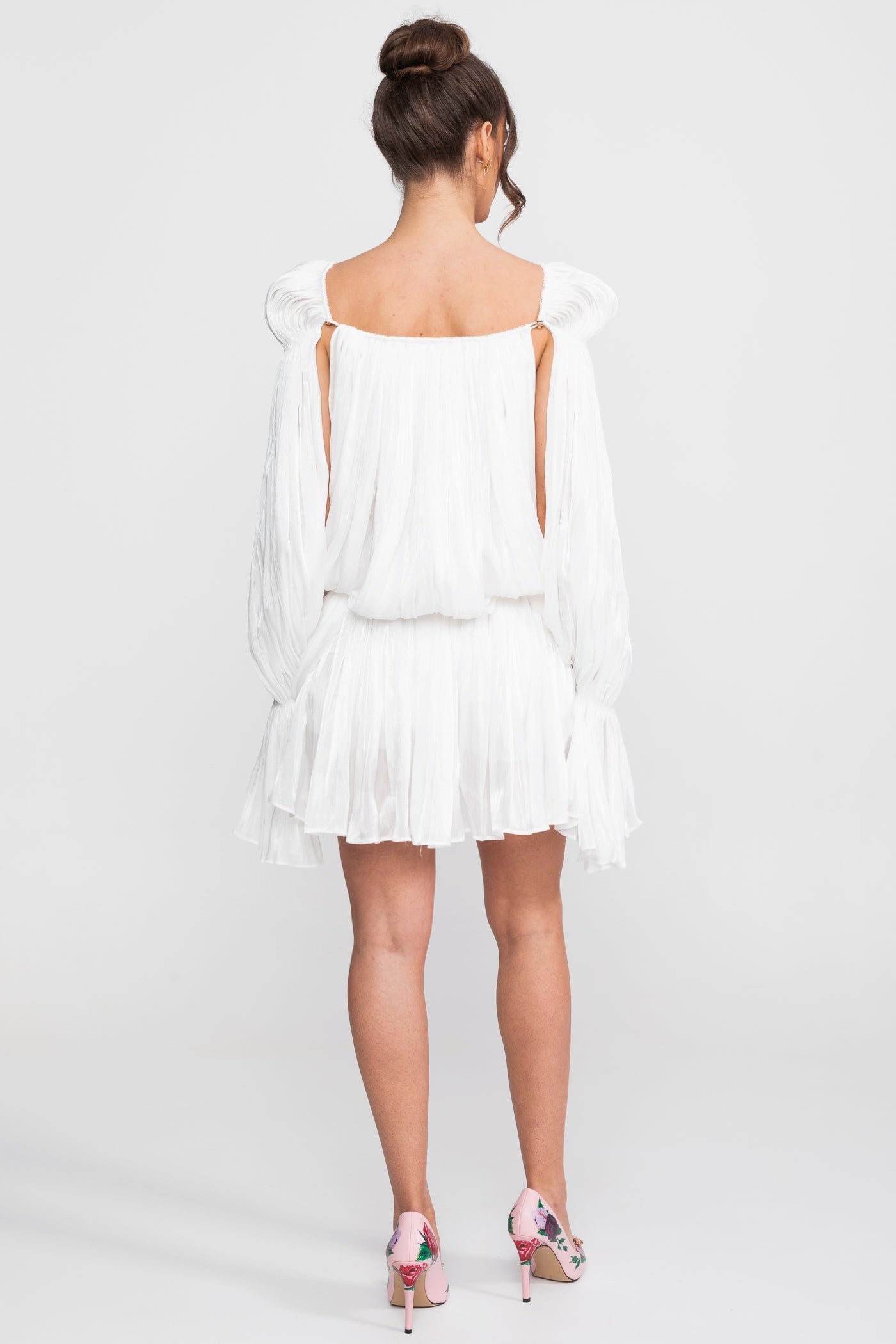 Sheer Draped Mini Dress With Cape Sleeves And Gold Clip Detail - White