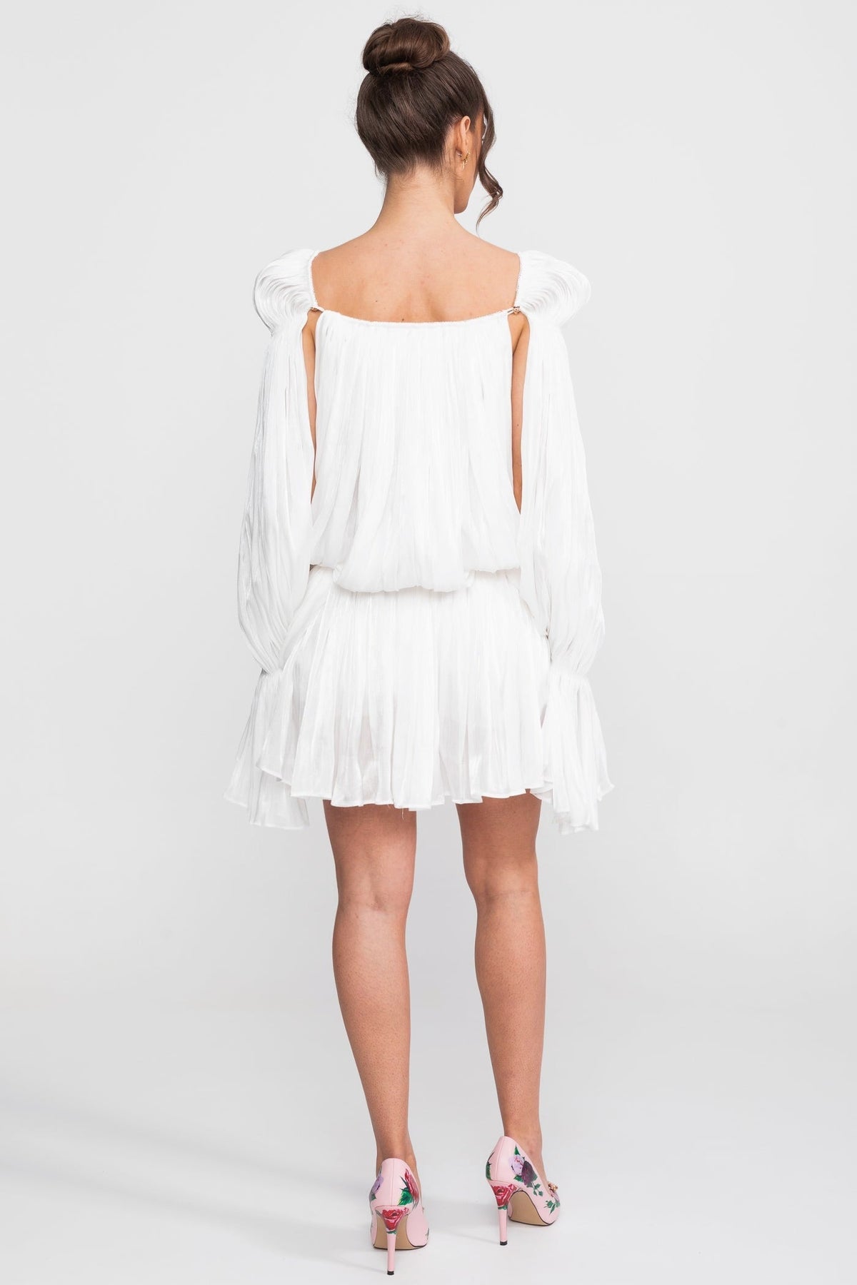 Sheer Draped Mini Dress With Cape Sleeves And Gold Clip Detail - White