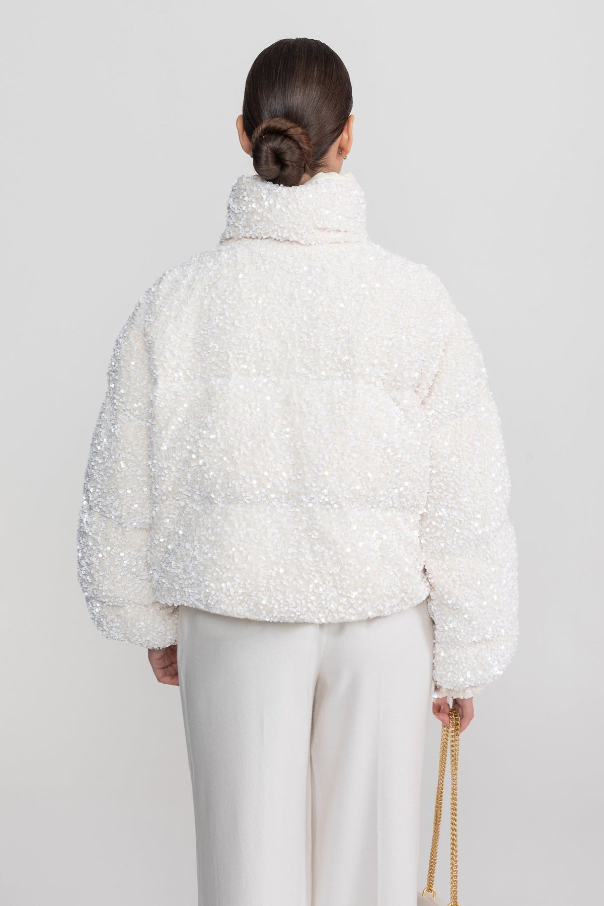 Sequin Puffer Jacket With High Stand Collar – White