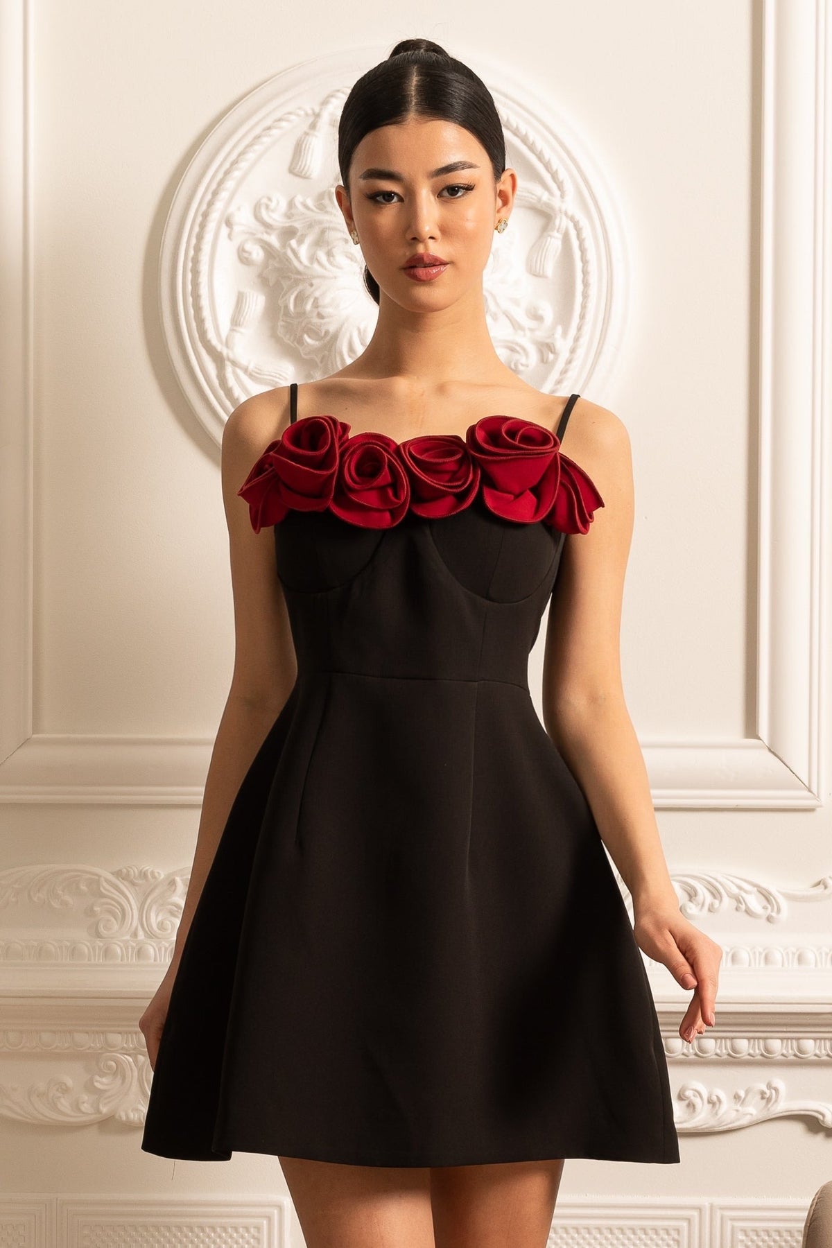 Sleeveless Mini Dress With Flared Skirt And Red Rose Embellishments - Black