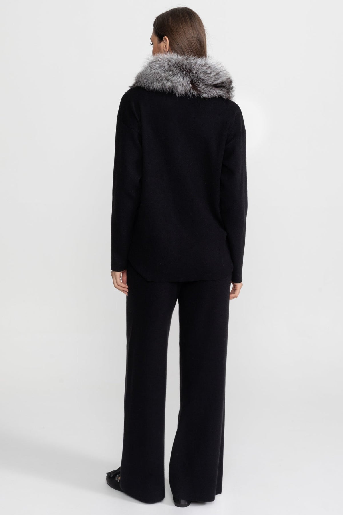 Elodie Black/Grey Knit Lounge Co-Ord Set with Fox Fur Collar