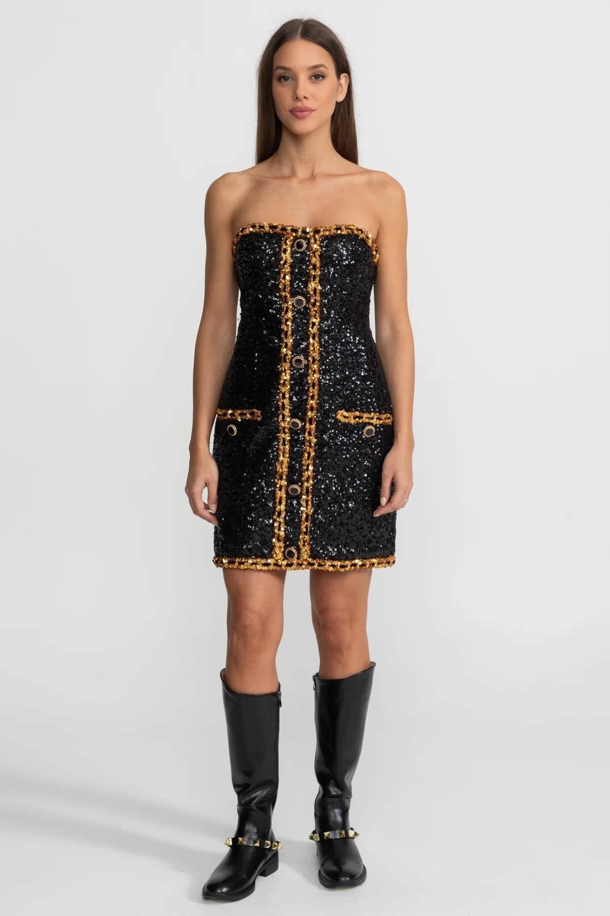 Strapless Sequin Mini Dress With Chain Trim Detailing – Black