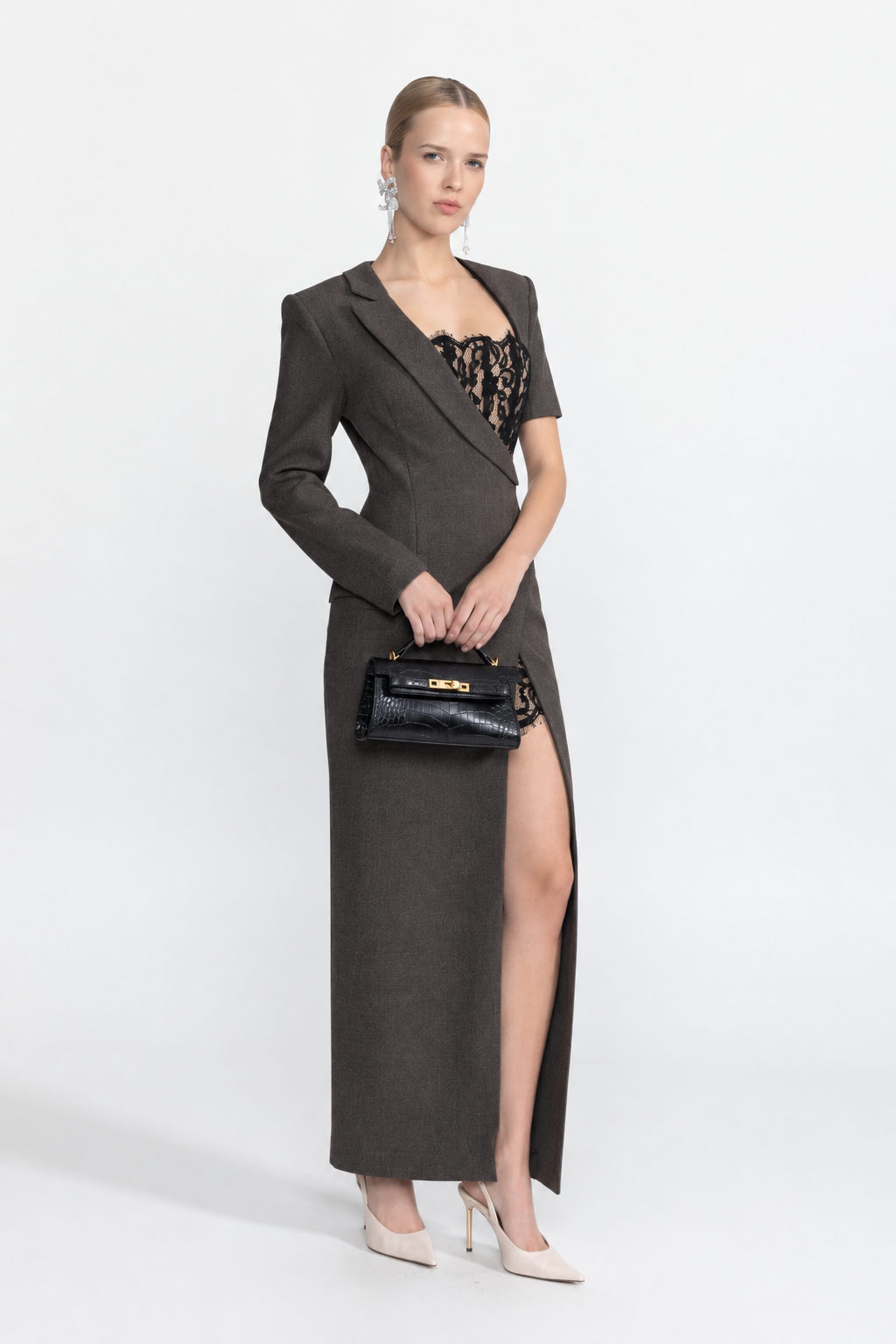 Seraphine Charcoal Lace Bustier Asymmetric Blazer Maxi Dress