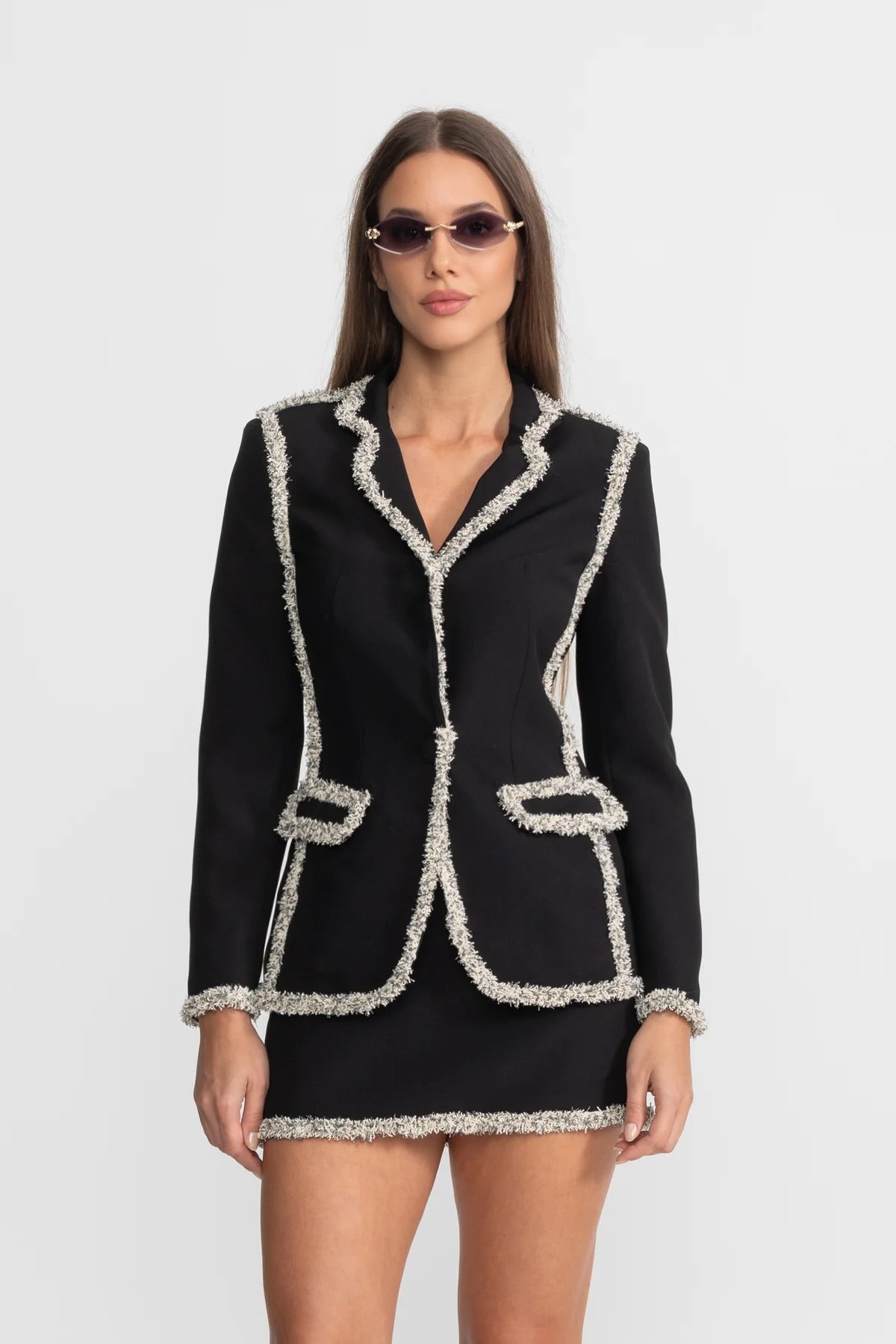 Oriane Black Tweed Set With Sparkling Trim Blazer And Matching Mini Skirt