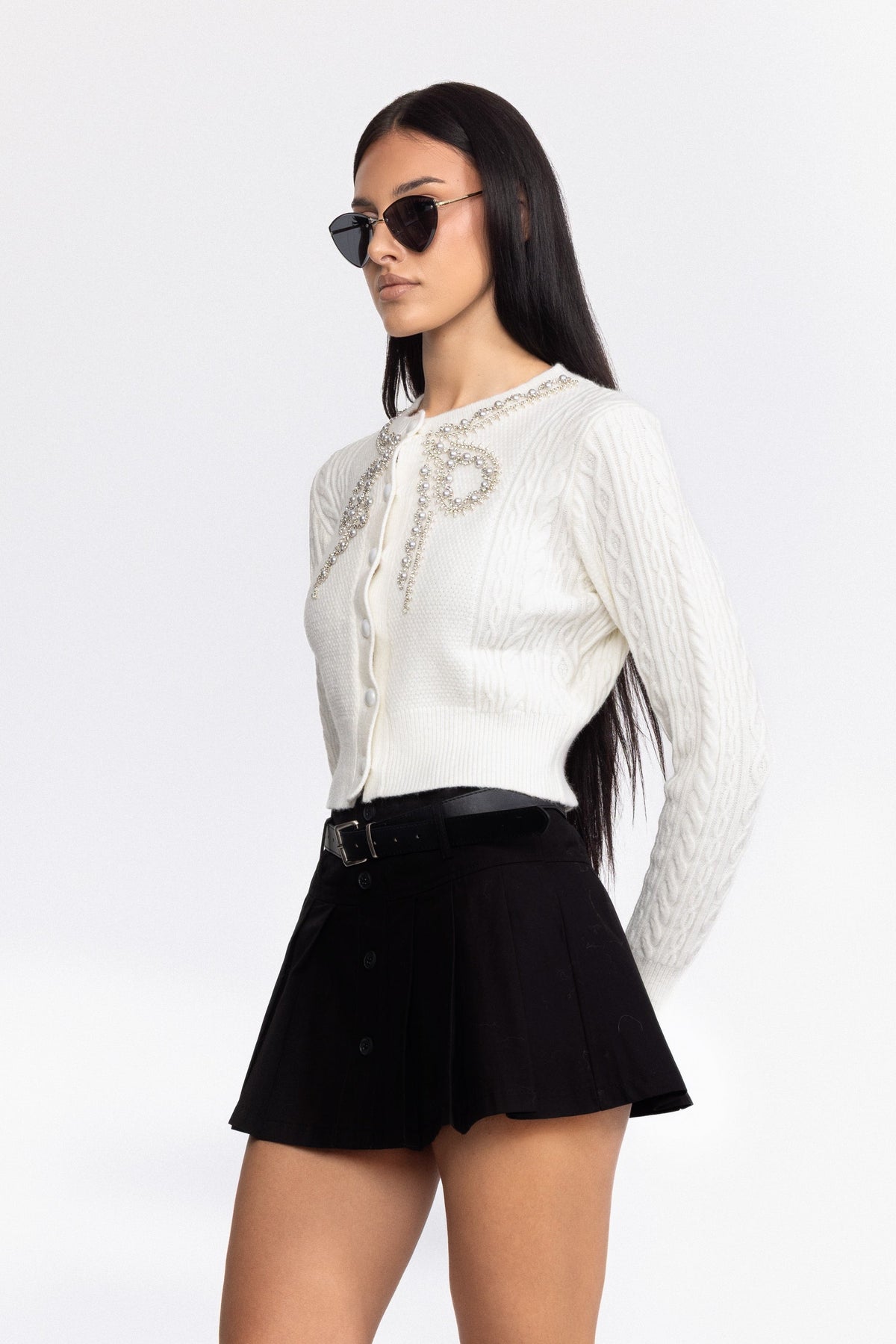 Pearl Bow Embellished Cable Knit Cardigan - White