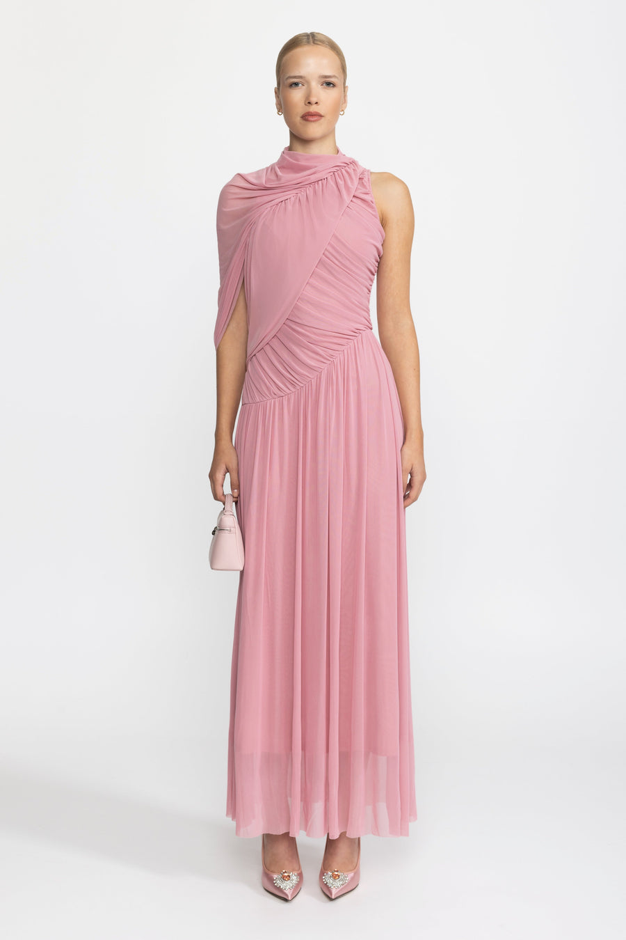 Draped Scarf Neck Mesh Maxi Dress - Pink