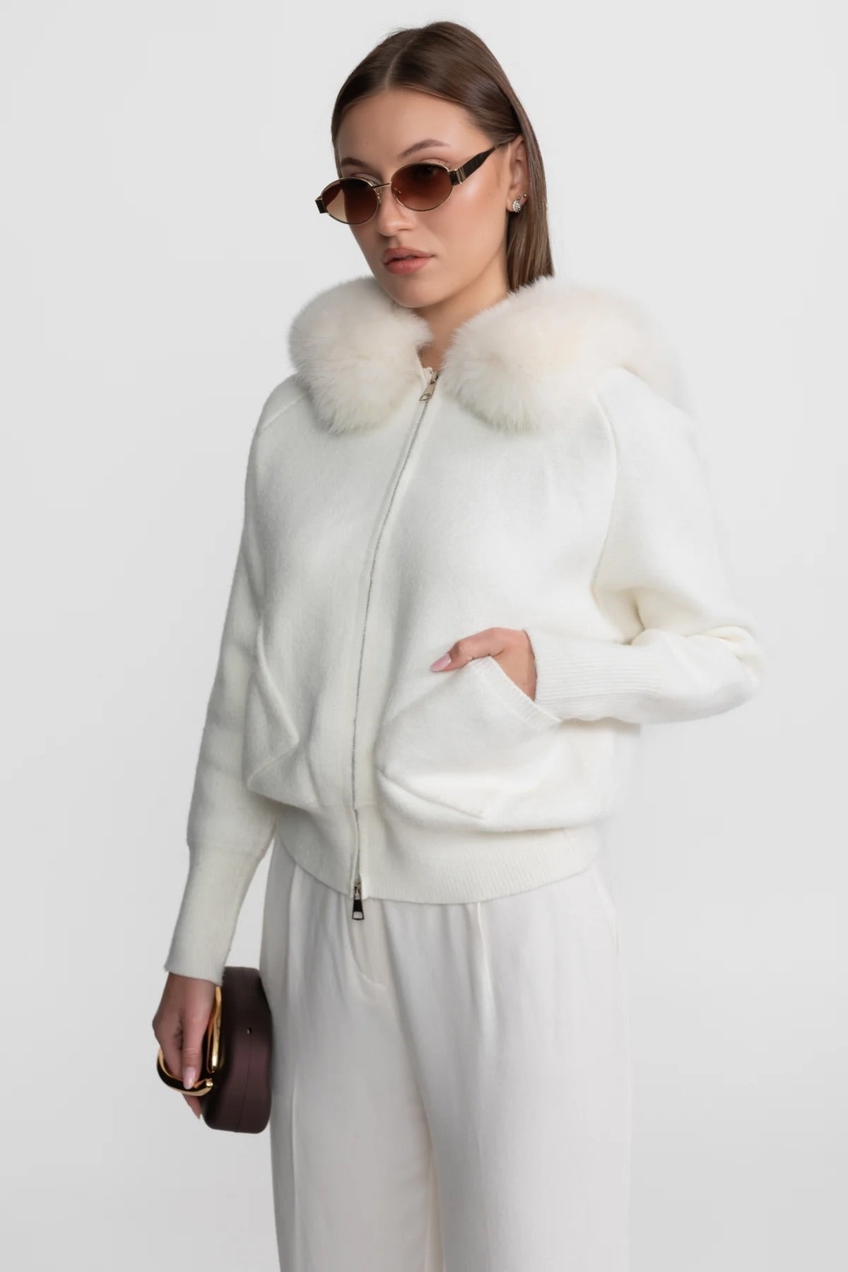 Valeriane Ivoire Zip-Up Wool Hoodie With Fox Fur Collar