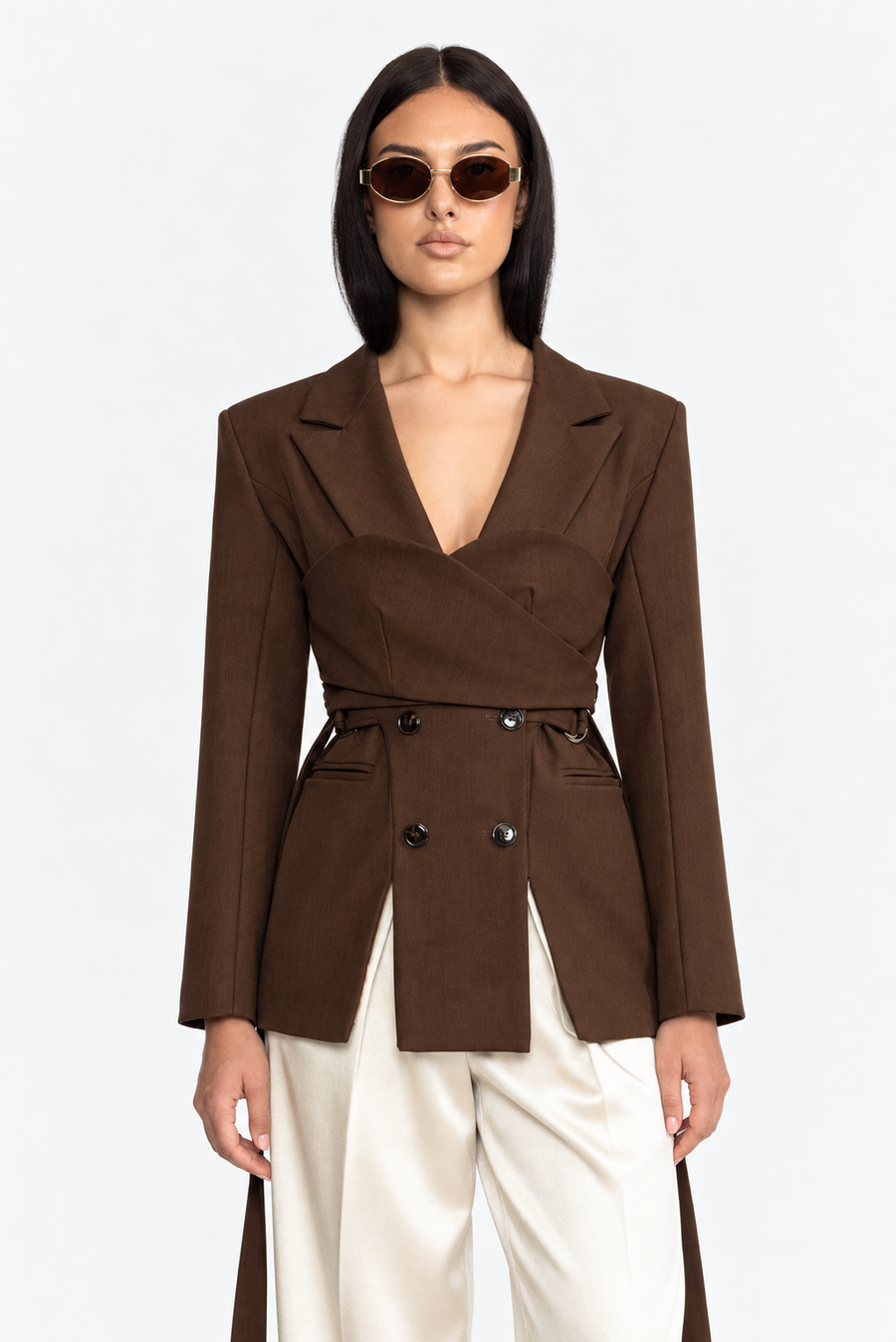 Ysolde Bustier Wrap Double-Breasted Blazer - Brown