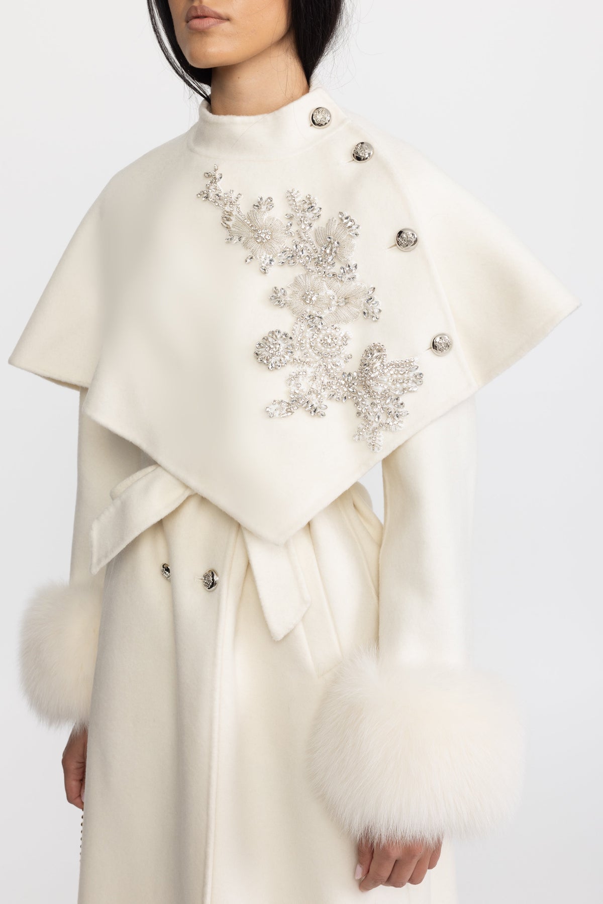 Embellished Capelet Wool Coat with Fox Fur Cuffs - Ivoire