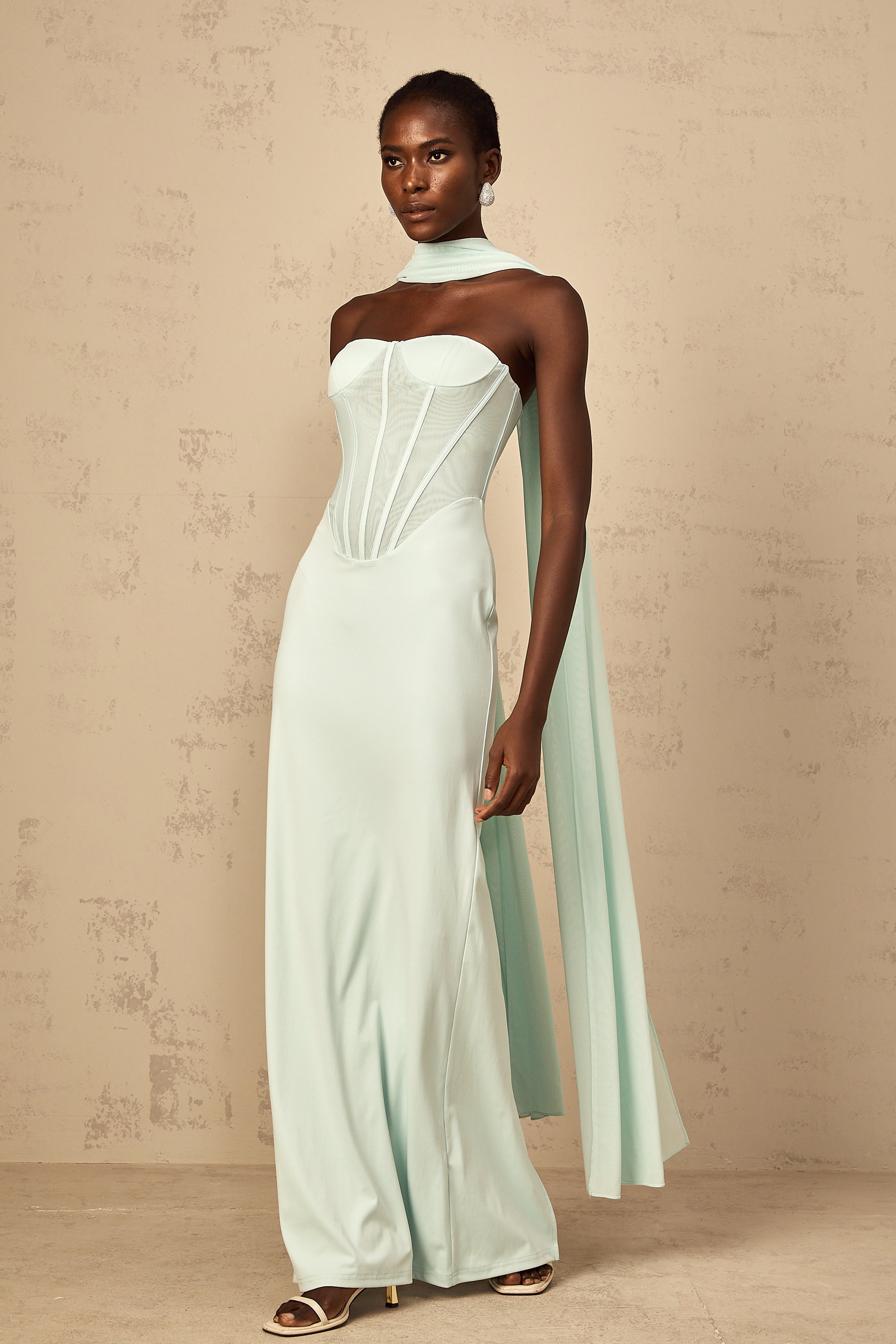 Béryl Tulle Panel Corset Maxi Dress in Mint Green