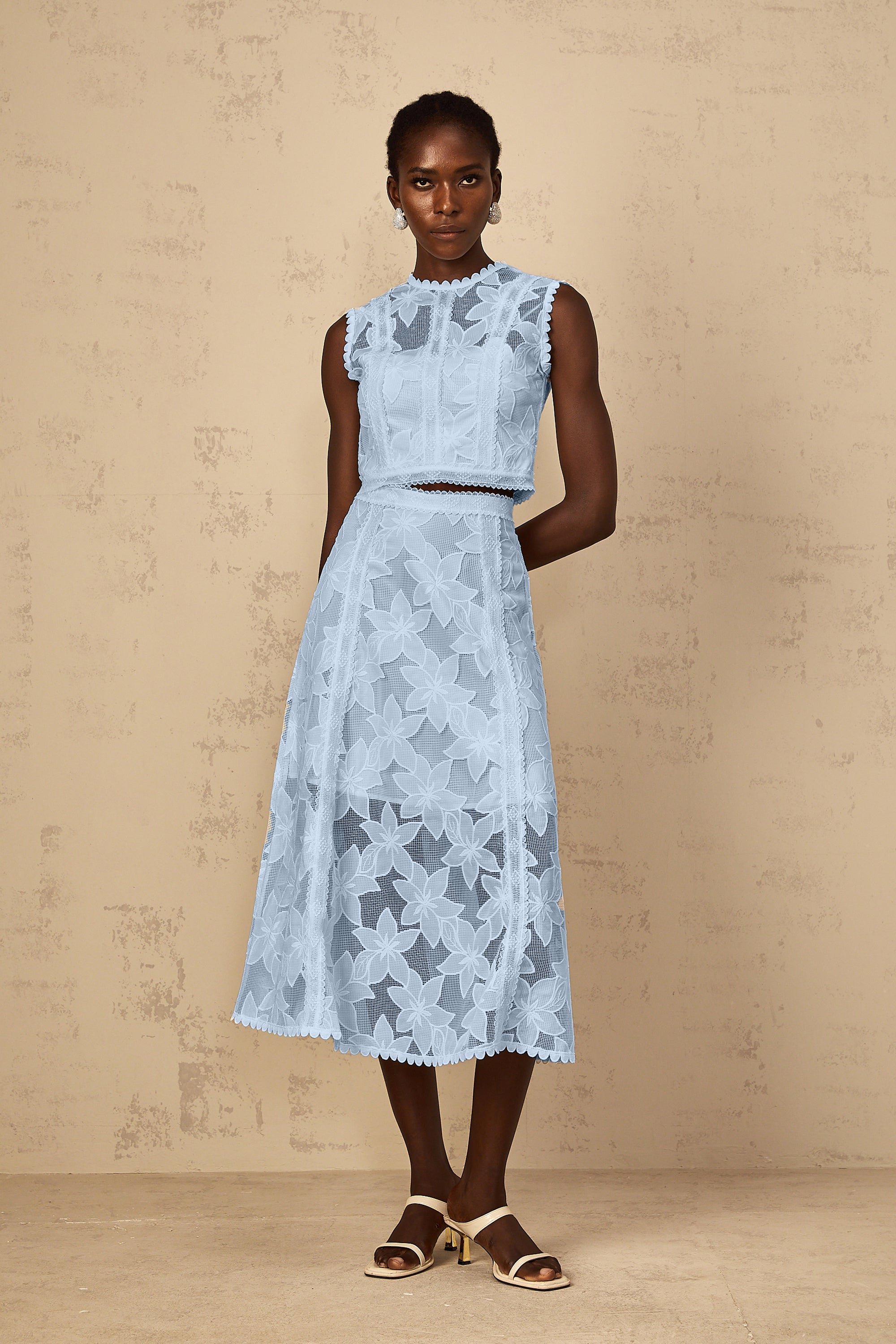 Mailys Blue Floral Embroidered Top & Skirt Set