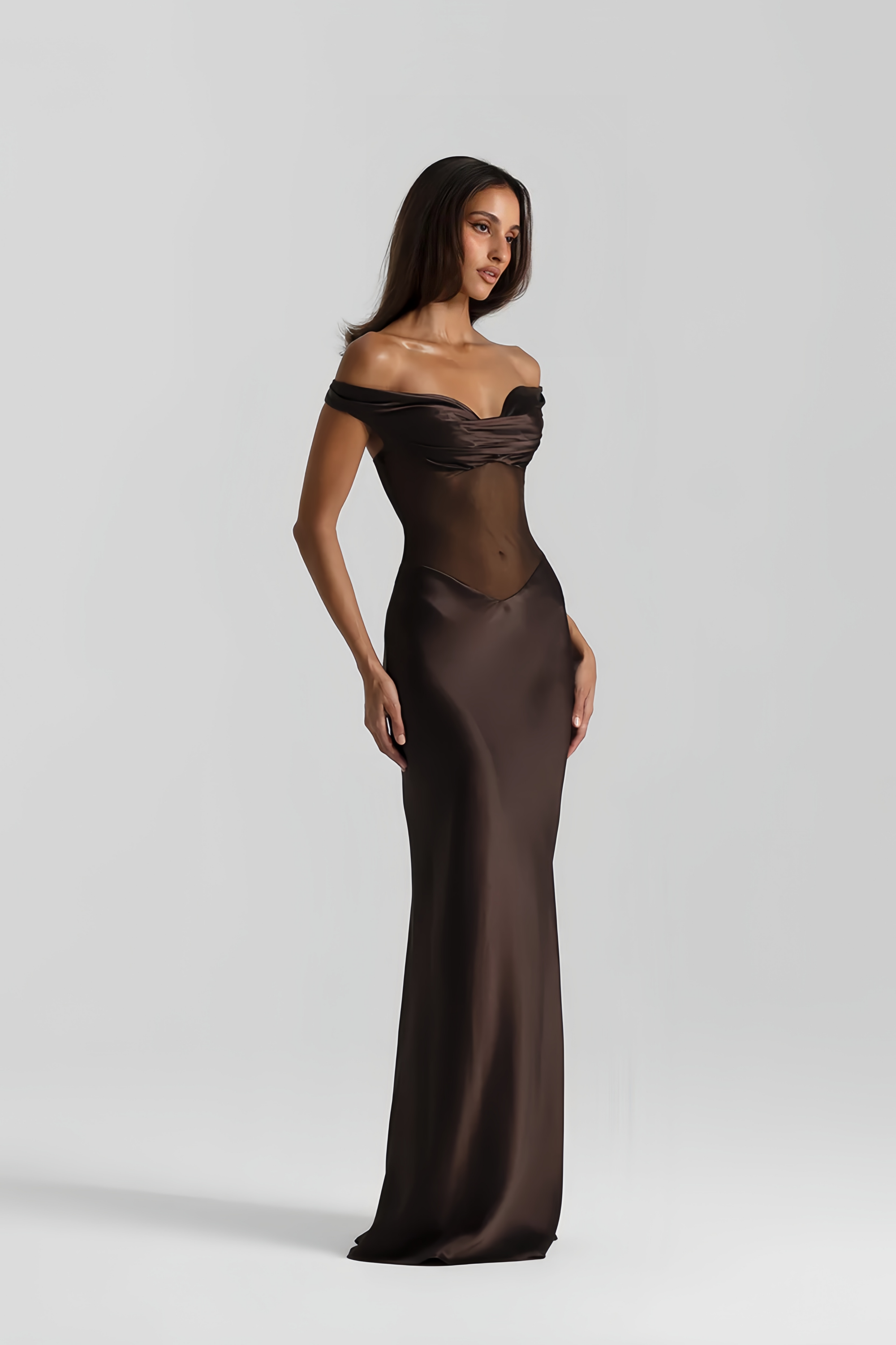 Gitta Brown Off Shoulder Satin Maxi Gown
