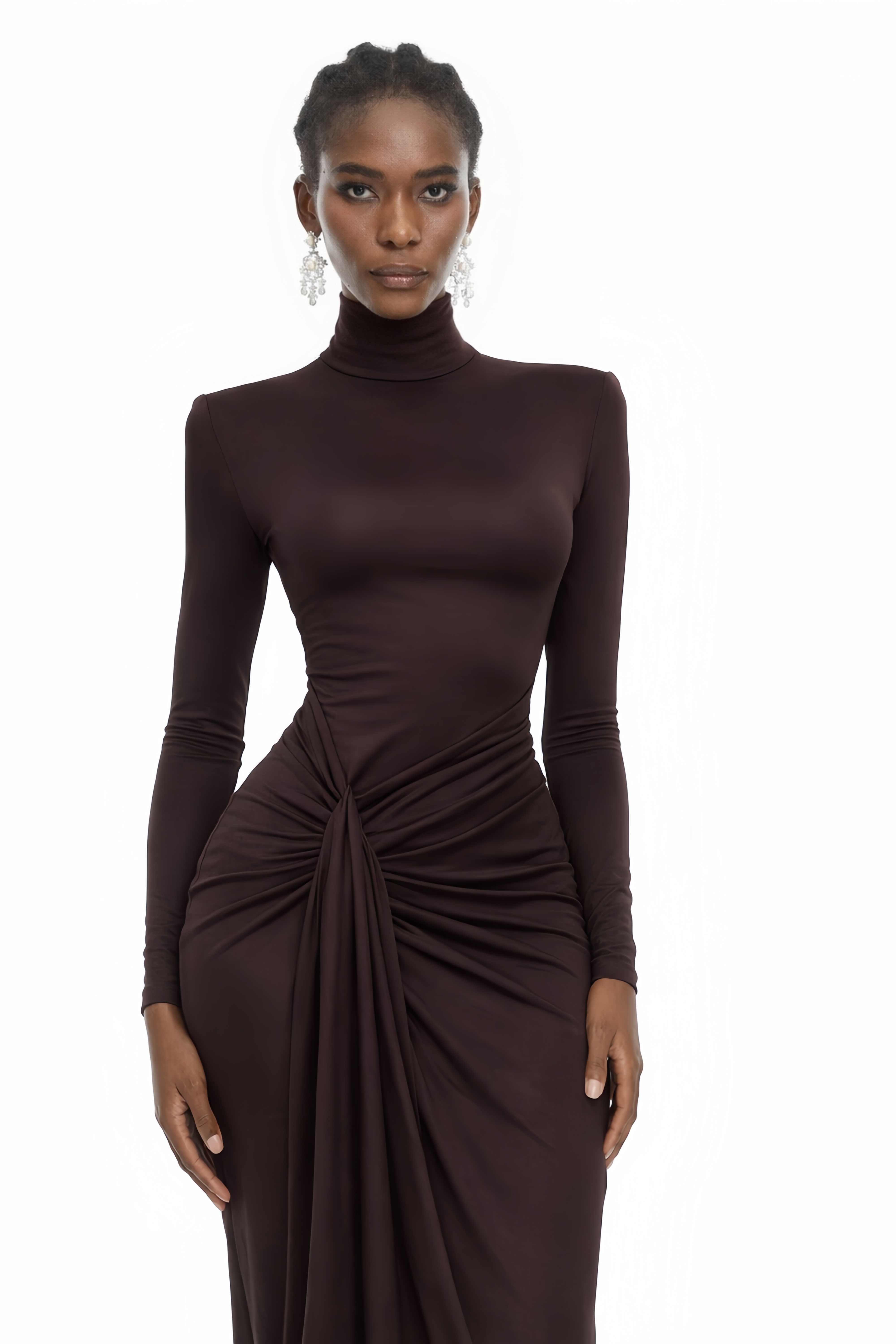 Neve Brown High Neck Twist Knot Maxi Dress (Final Sale-US Only)