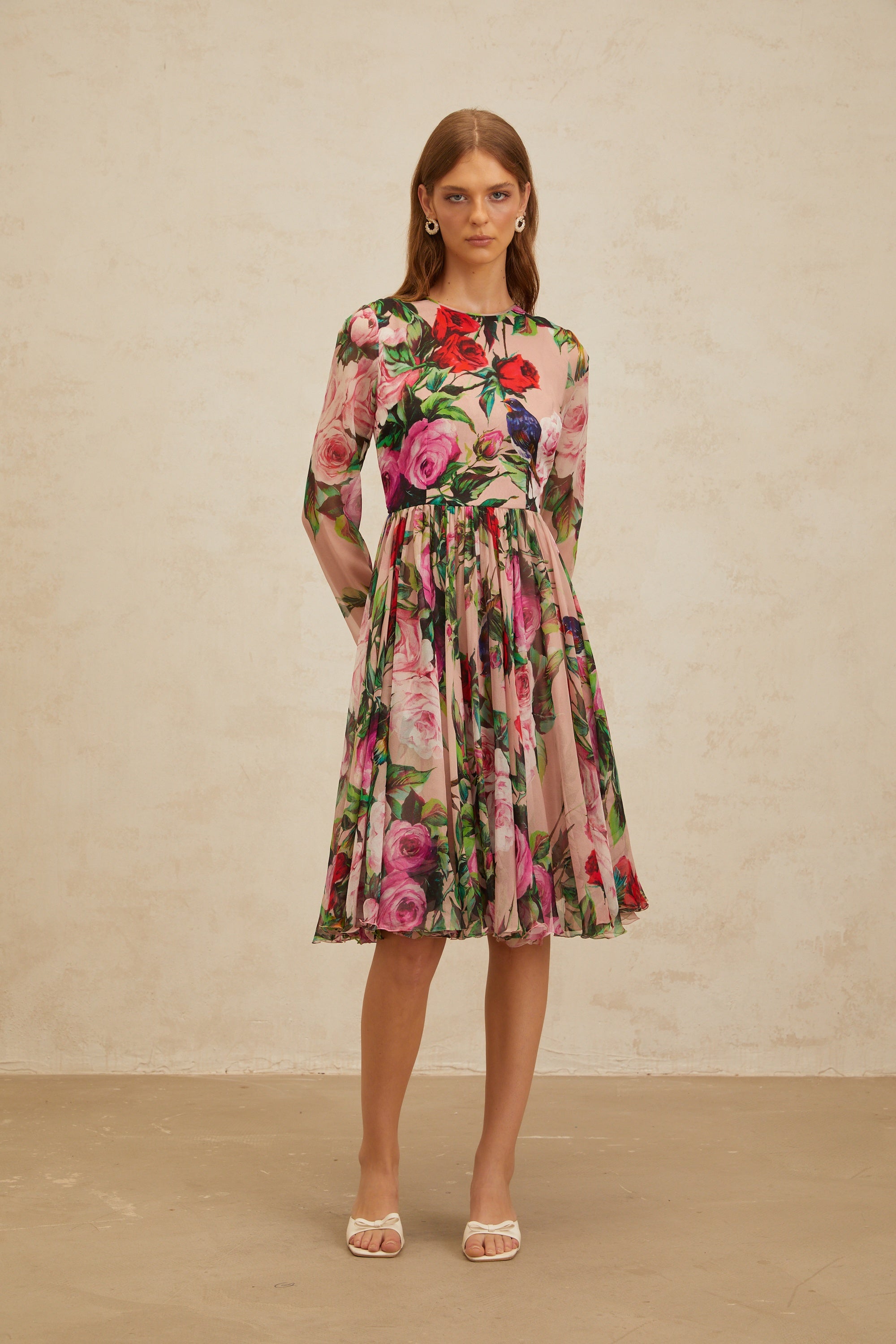 Coralie Pink Rose Print Summer Silk Midi Dress