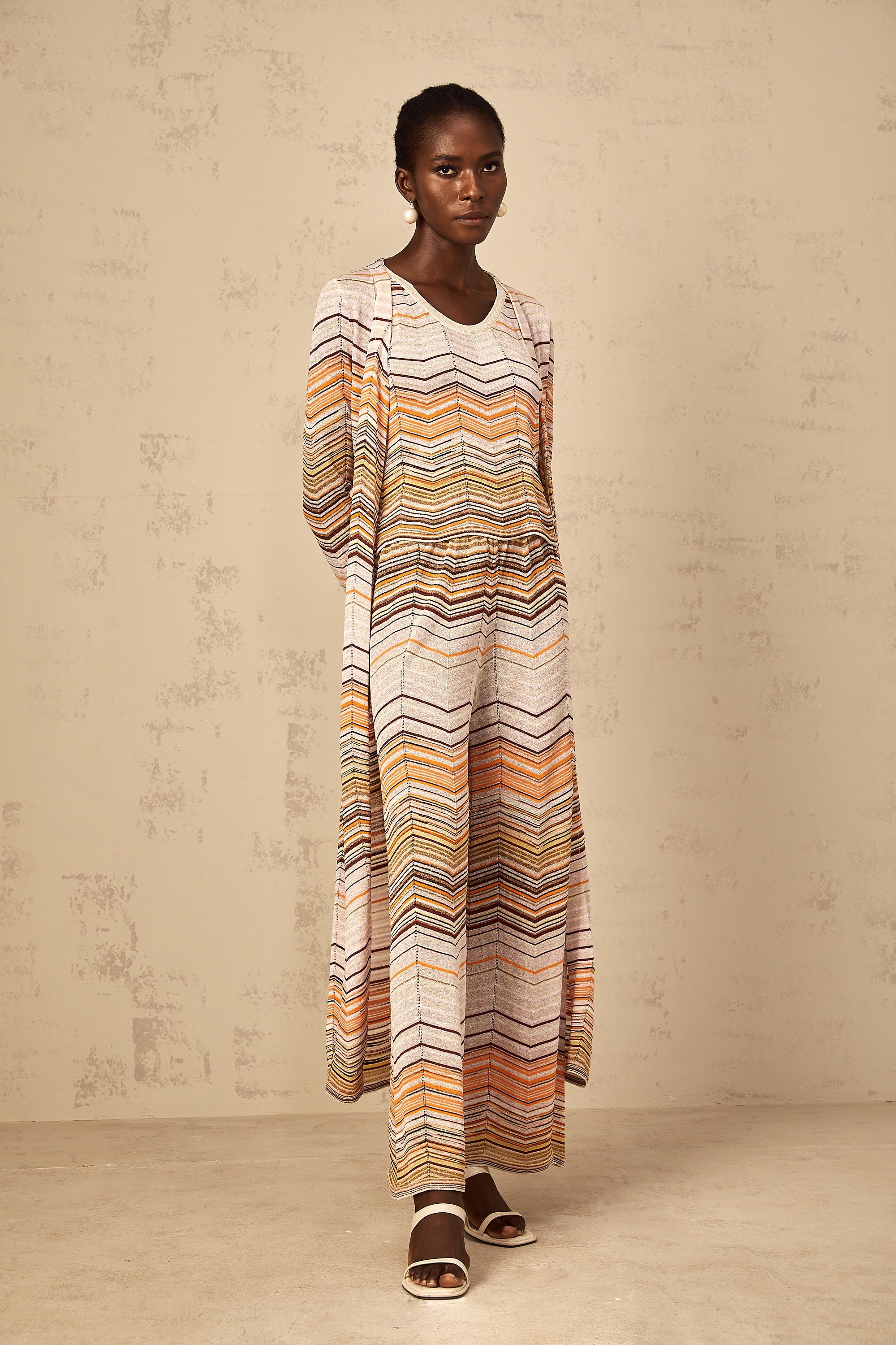 Chloé Neutral Striped Knit Long Cardigan
