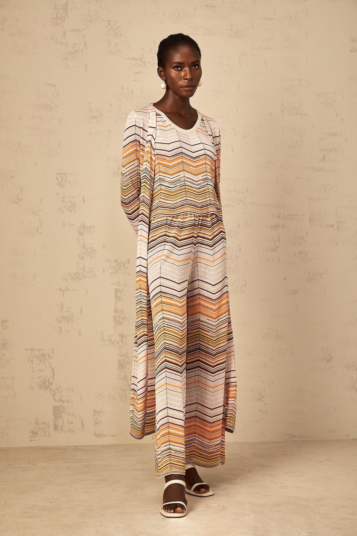Chloé Neutral Striped Knit Long Cardigan