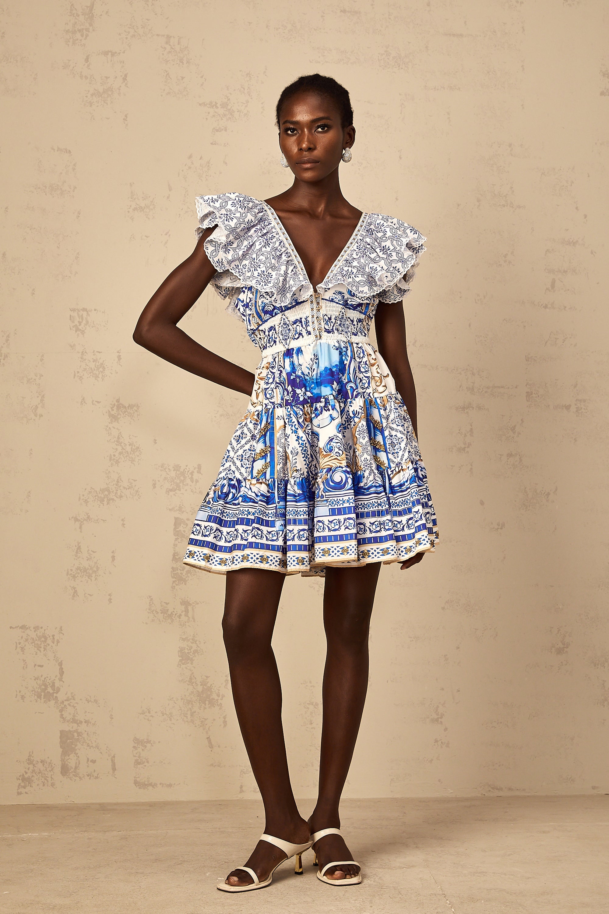 Calliopée Blue Baroque Print Tiered Mini Dress