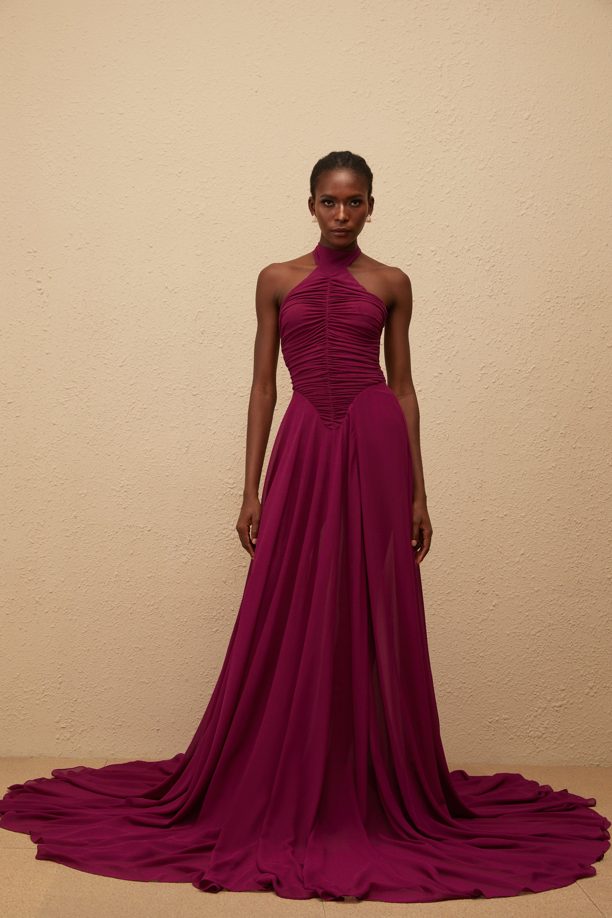 Kerstin Purple Train Design Ruched Maxi Dress (Final Sale-US Only)