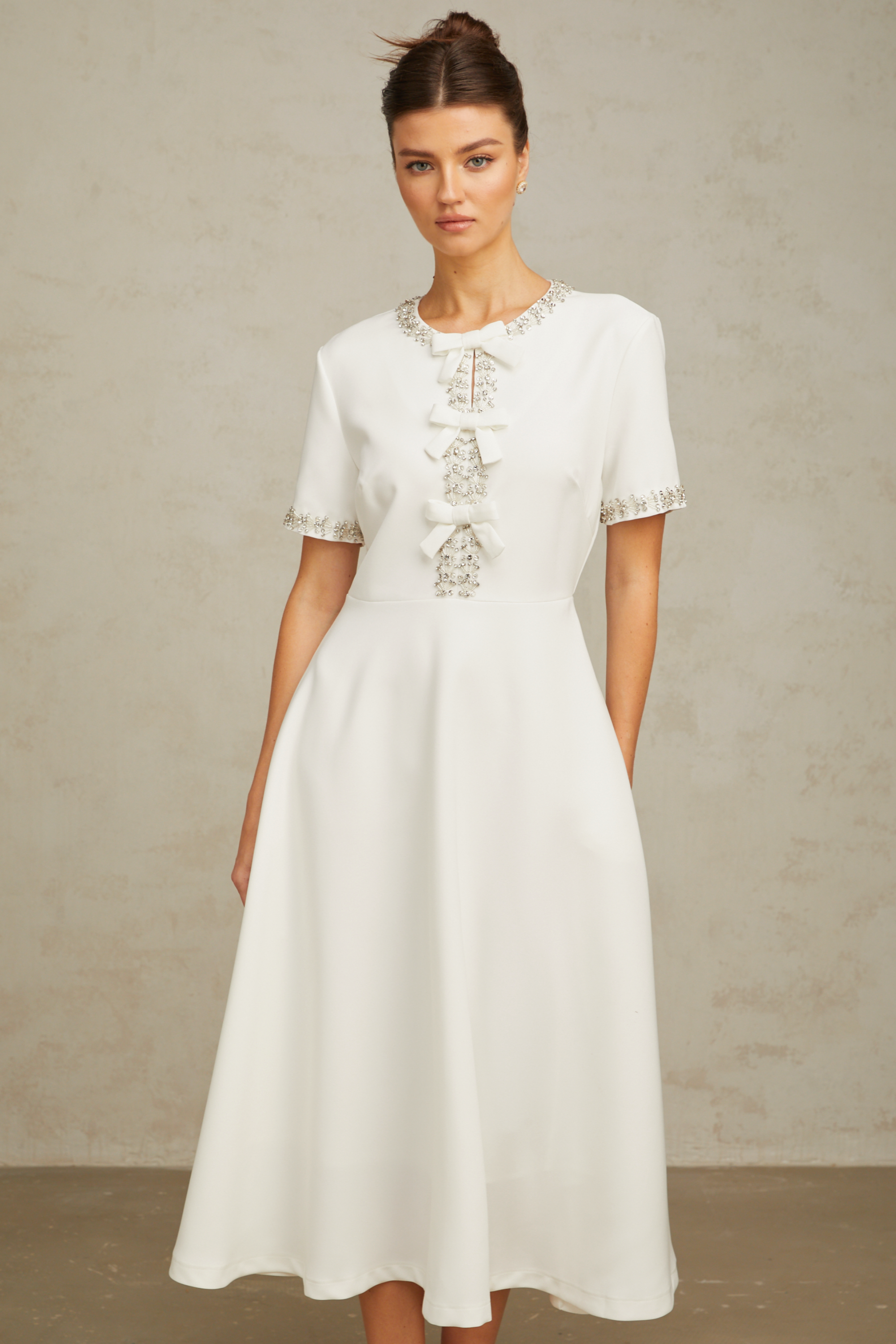 Cassiopeia crystal-accented bow midi dress in White (Final Sale)