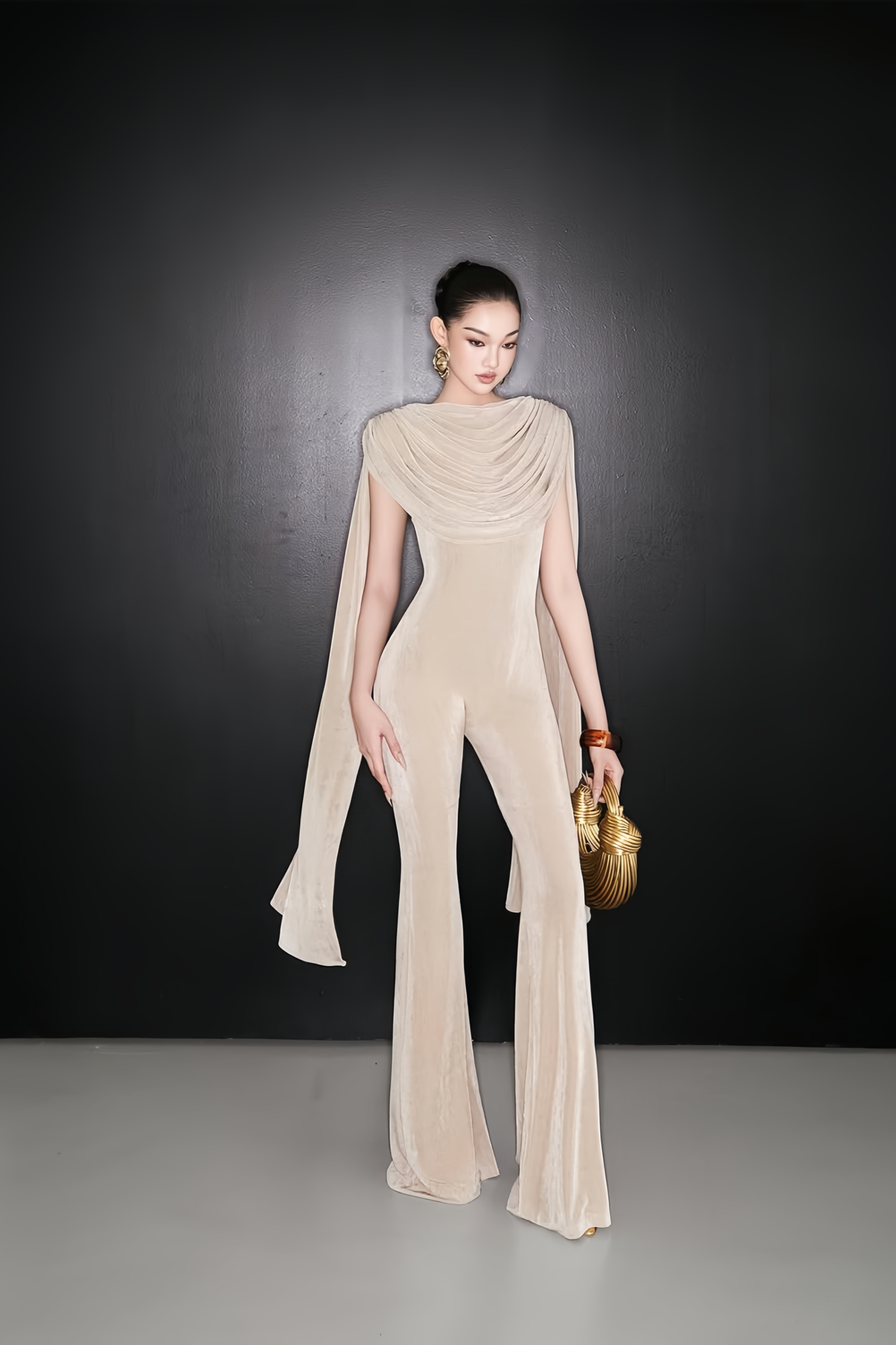 Clarisse Neutral Dropped Design Velvet Jumpsuit