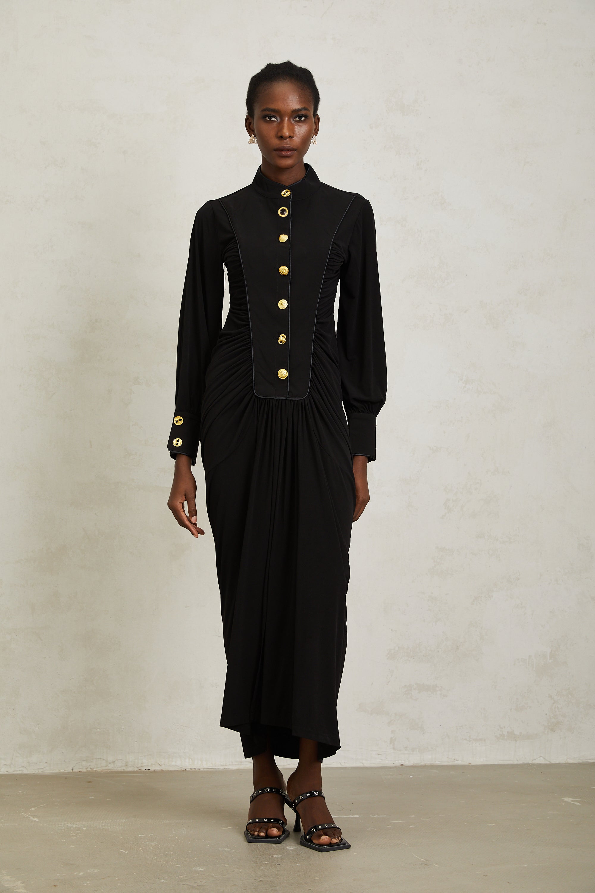 Brooklyn Black Gathered Draped Maxi Dress