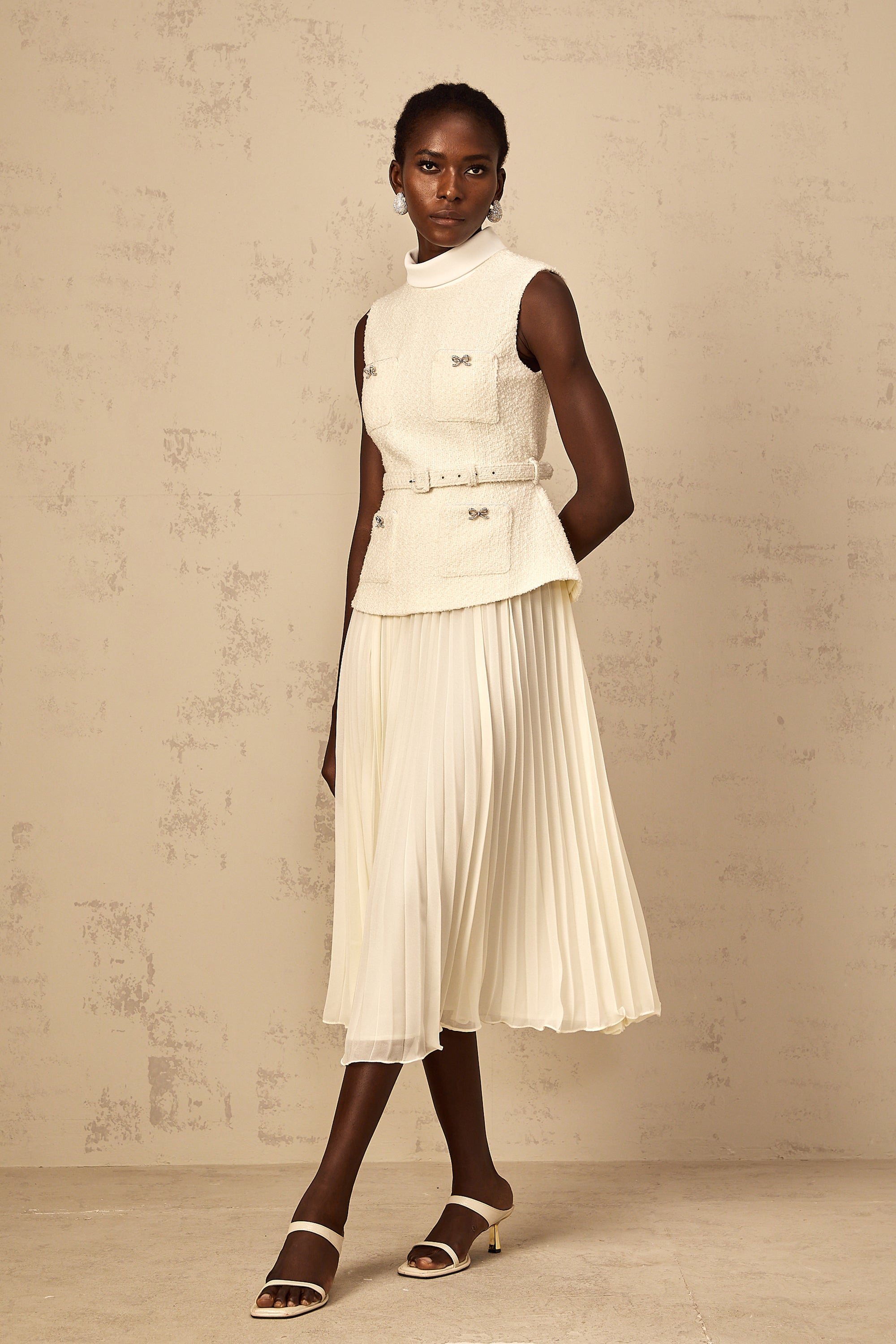 Dulcie Off-White Tulle Panel Tweed Midi Dress